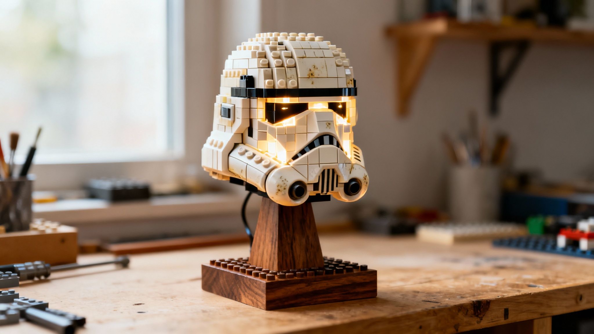 An illuminated LEGO Star Wars Stormtrooper helmet on a wooden stand sits on a wooden desk.