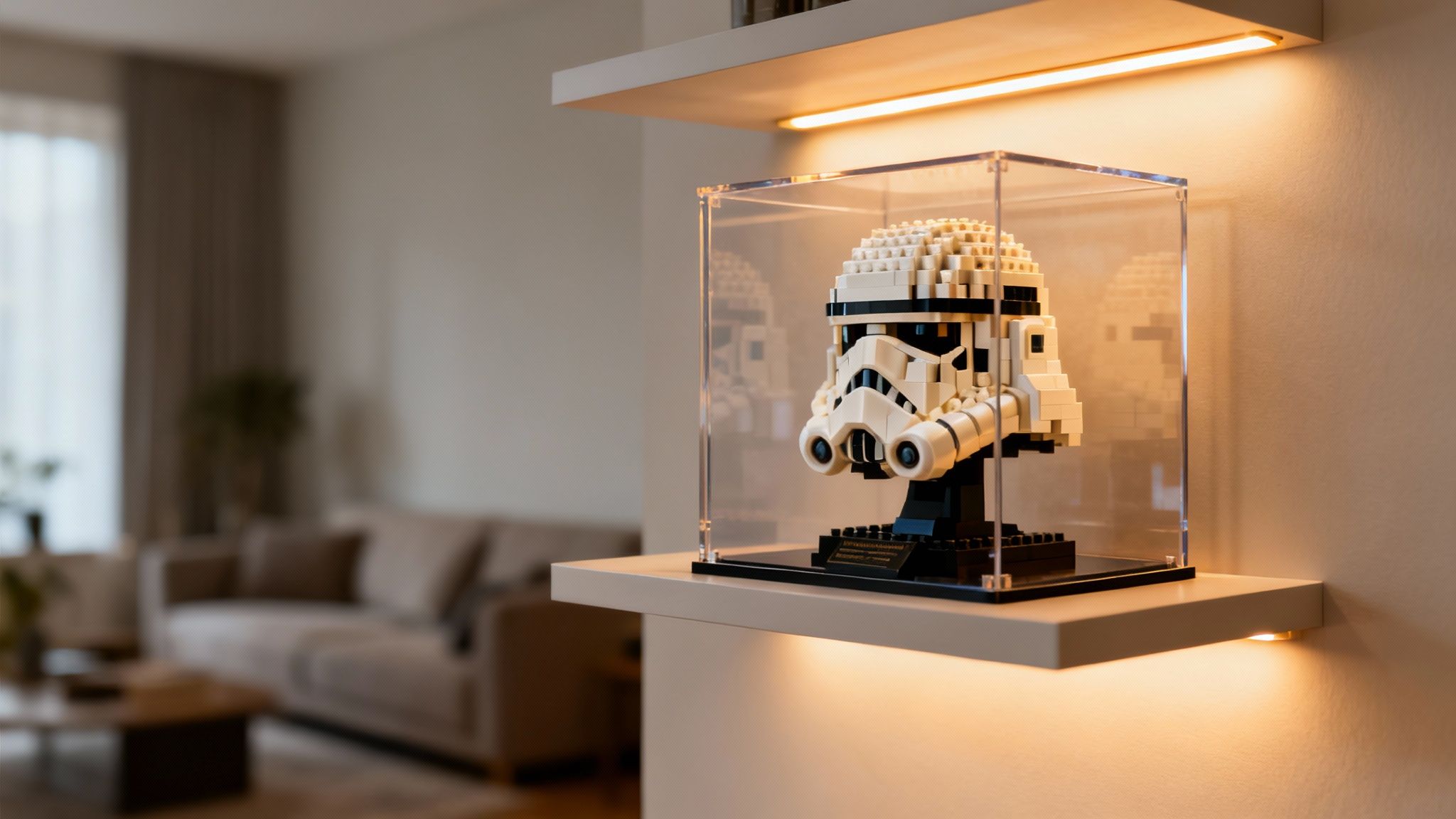 A LEGO Star Wars Stormtrooper helmet displayed prominently in a clear case on a lit shelf.