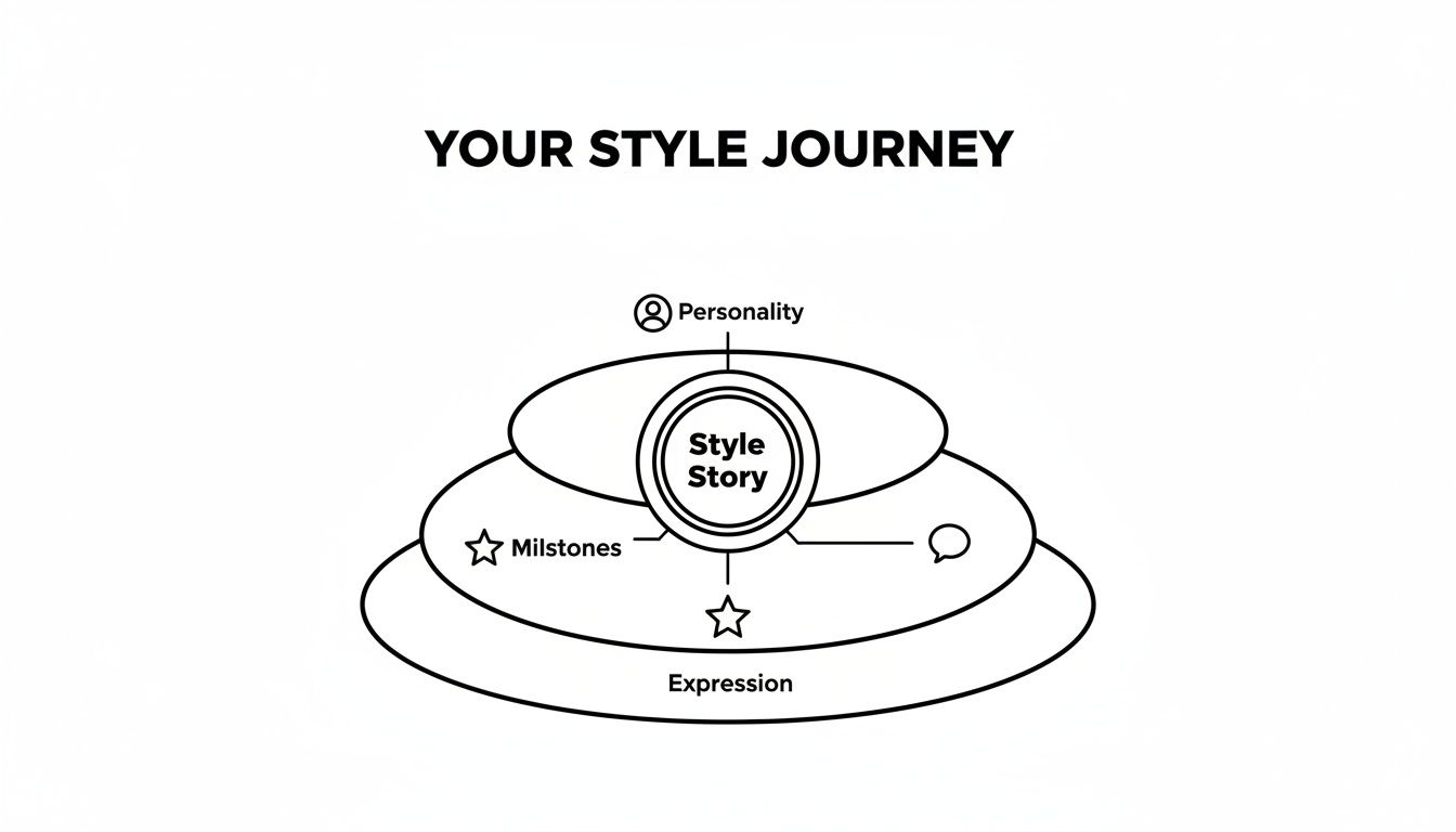 Diagram illustrating 'Your Style Journey' with 'Style Story' connected to personality, milestones, and expression.