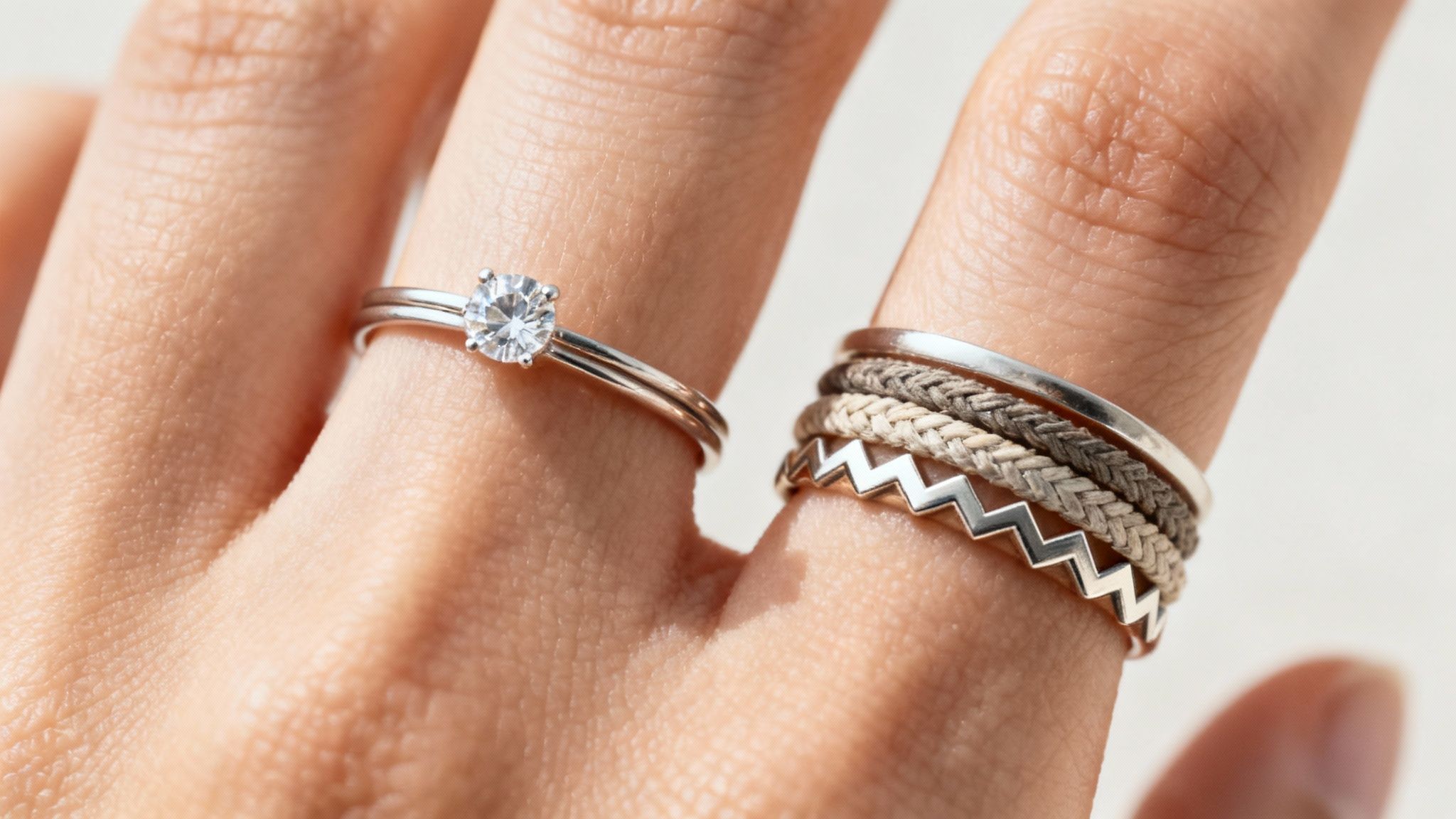 Close-up of a hand adorned with an elegant diamond solitaire ring and a trendy stack of rings.