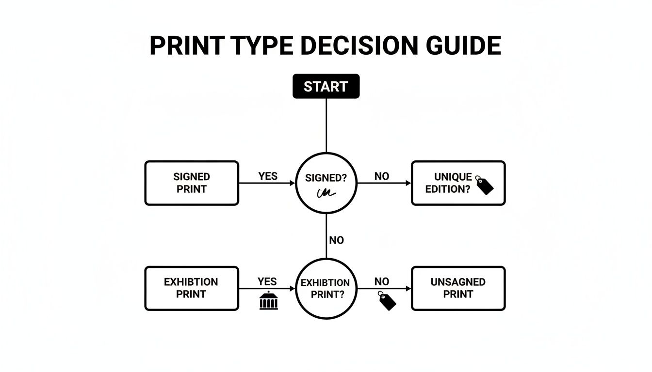 A flowchart guiding decisions for print types, distinguishing between signed, unique, exhibition, and unsigned prints.