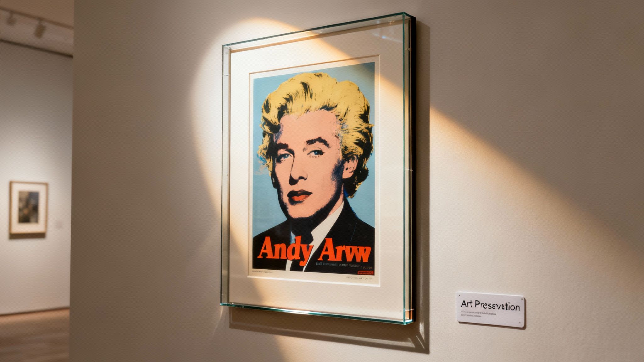 Pop art Andy Warhol poster featuring a self-portrait with blonde hair, displayed in a well-lit museum.