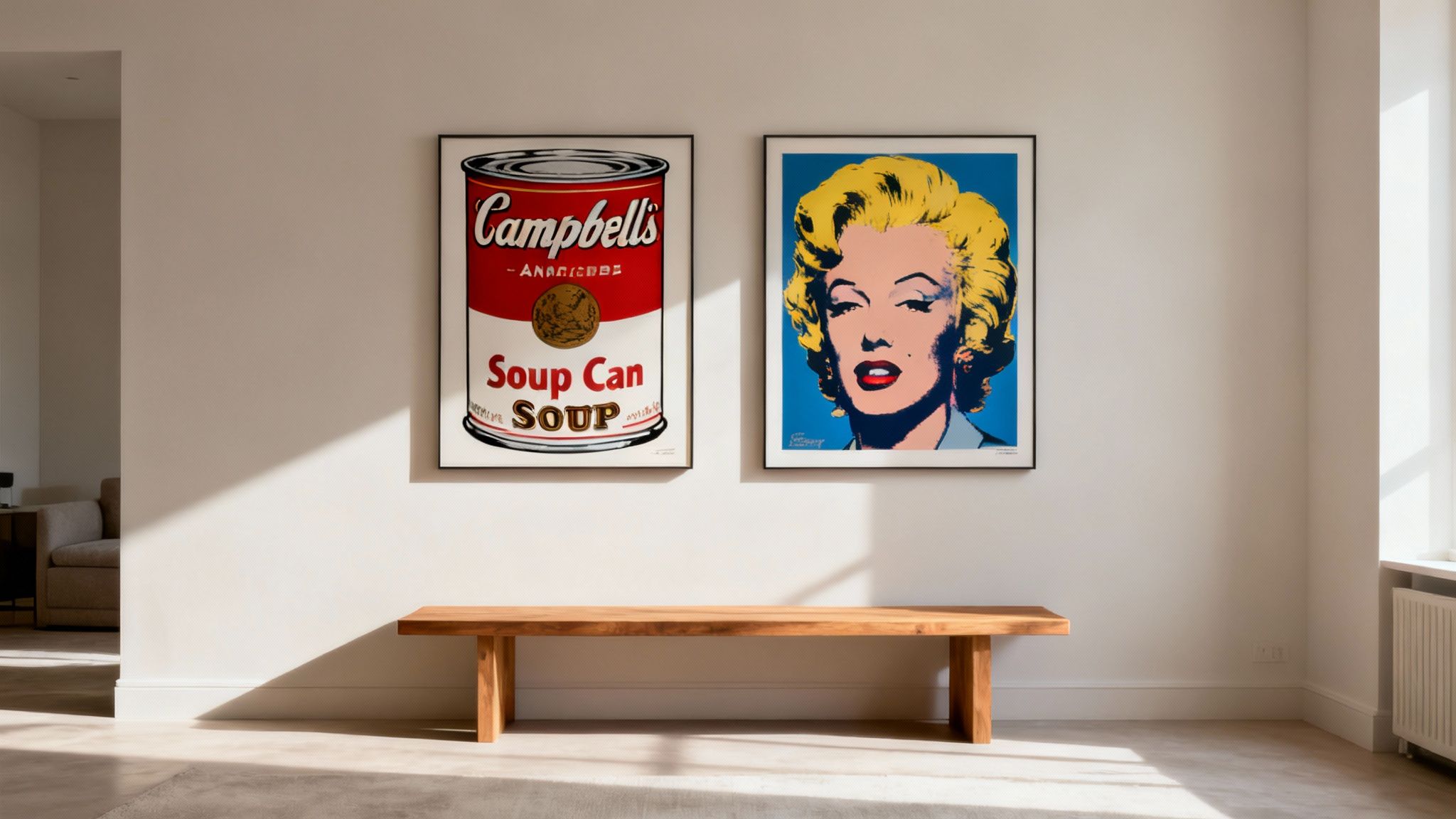 Two iconic Andy Warhol pop art posters, Campbell's Soup and Marilyn Monroe, on a white wall above a wooden bench.