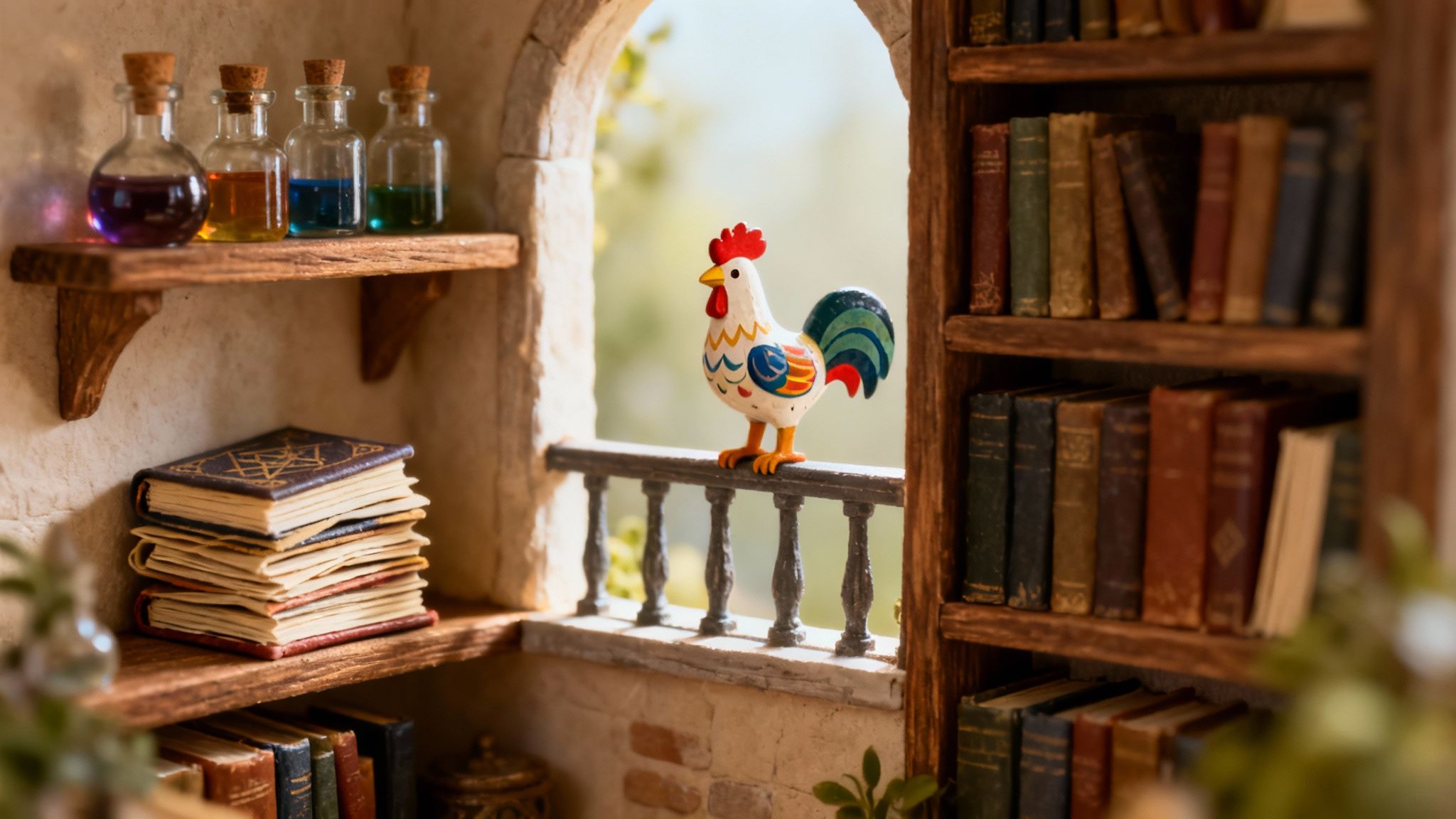 A miniature fantasy book nook with old books, colorful potion bottles, and a rooster statue.