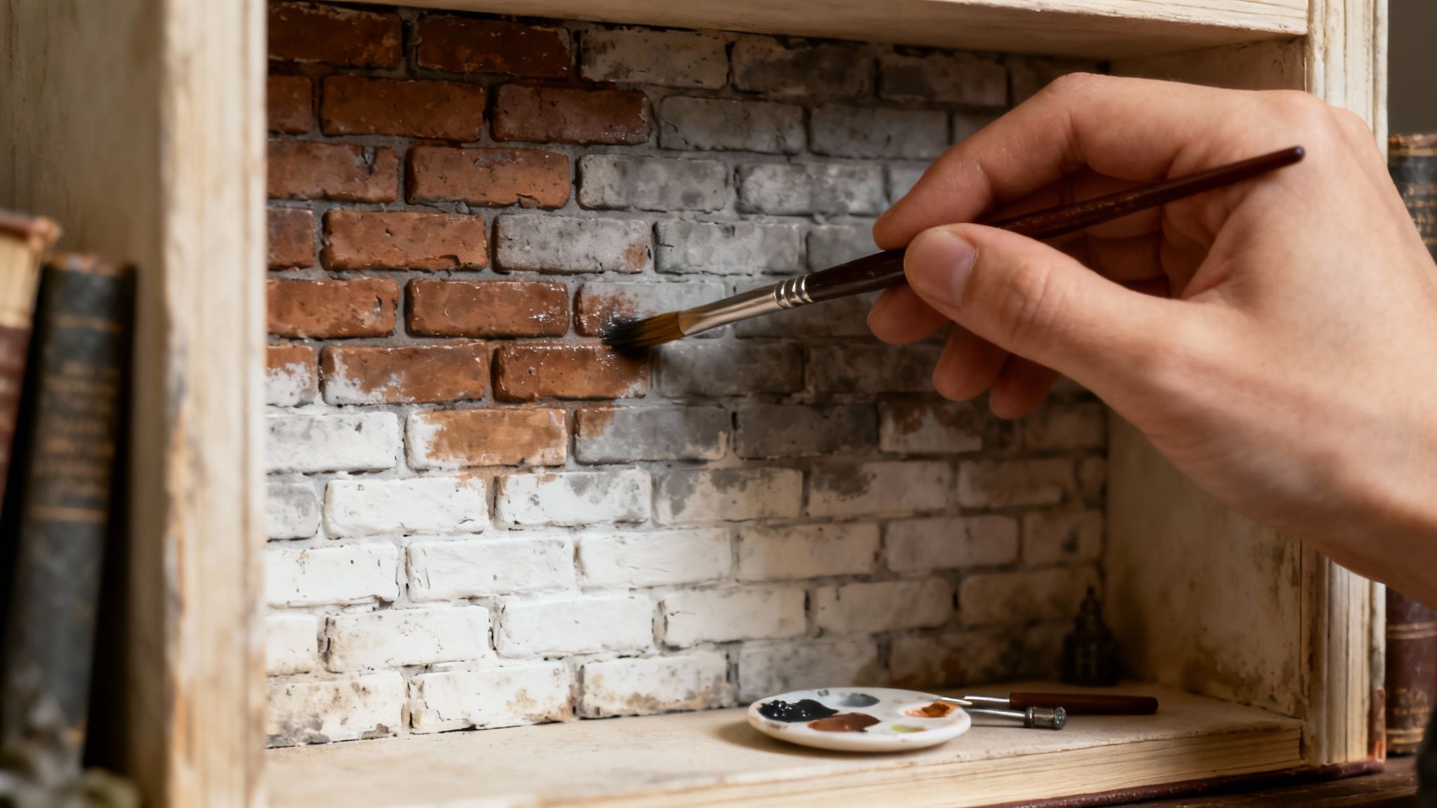A hand paints a miniature brick wall inside a detailed book nook diorama with a tiny paint palette.