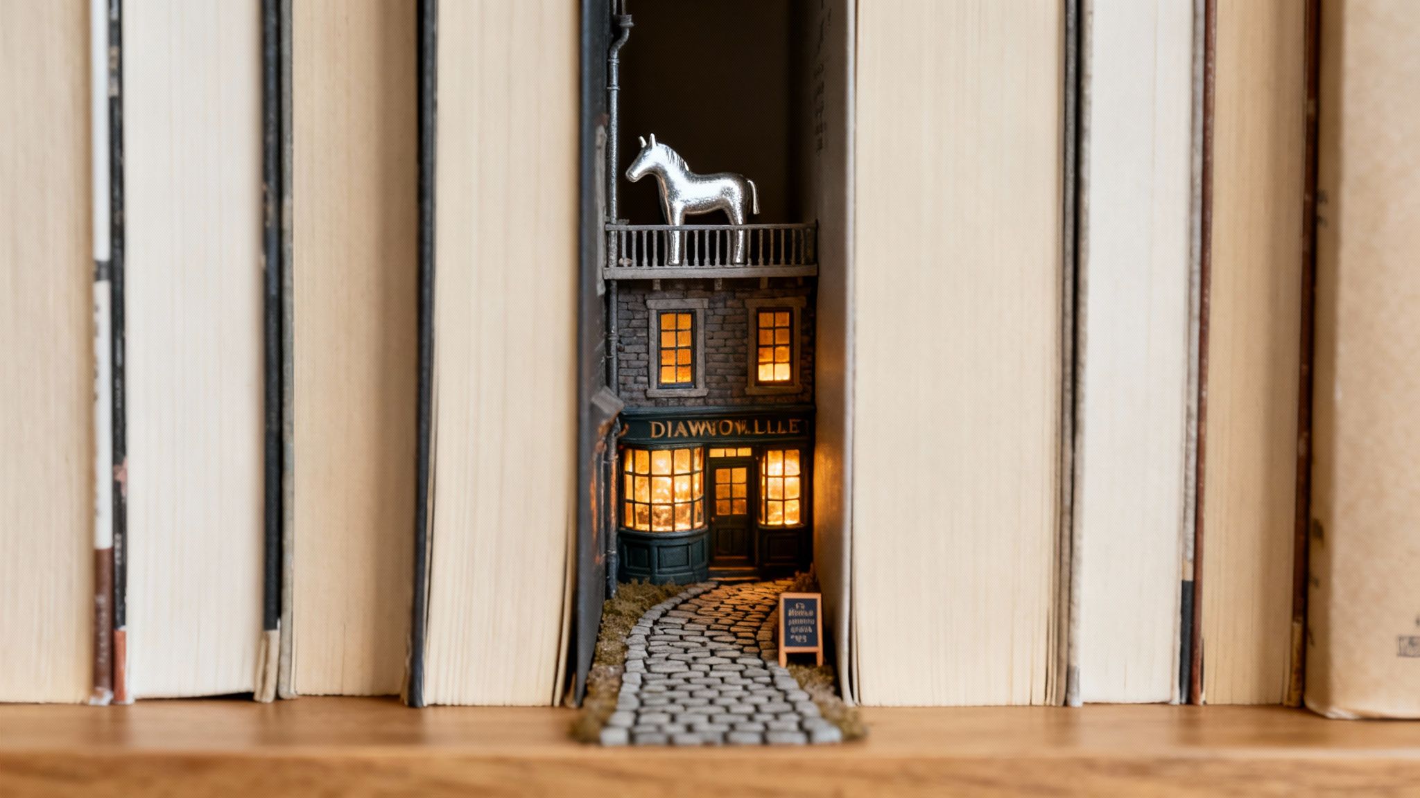 A miniature 'book nook' depicts a building with lit windows, a horse figurine, and a cobblestone path between books.