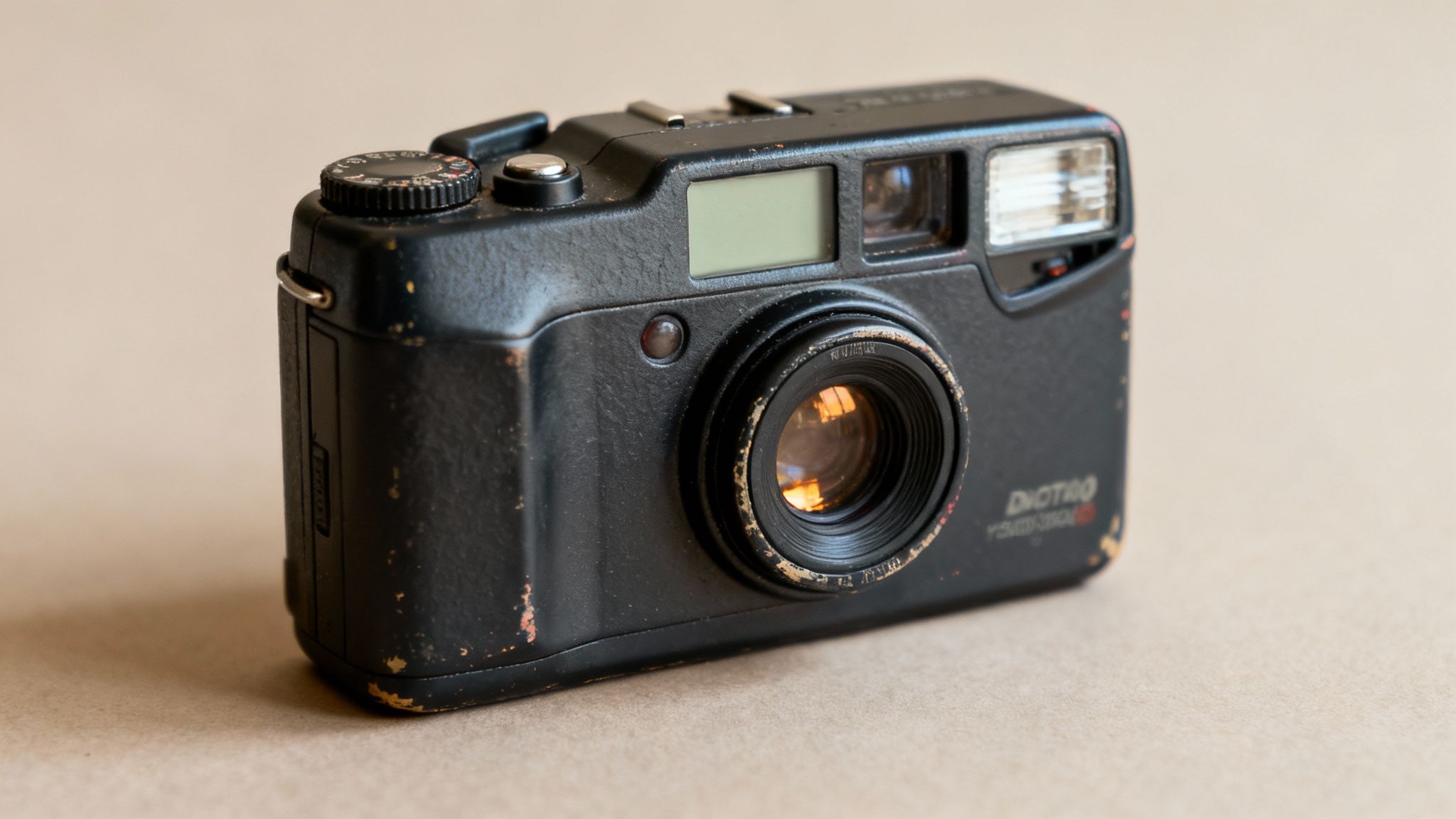 A worn, black vintage point-and-shoot digital camera on a plain background.