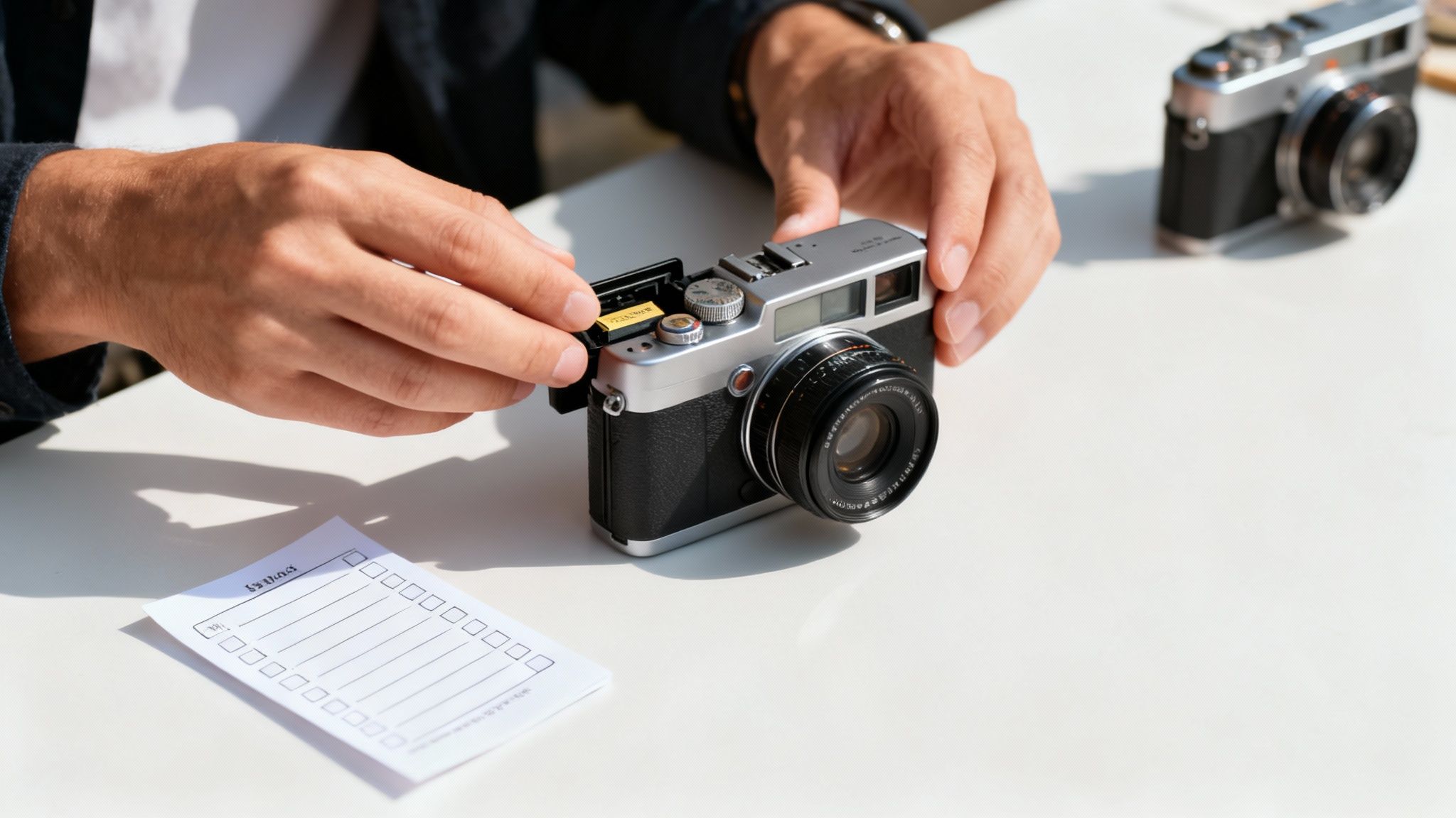 Close-up of hands inserting a gold memory card into a retro-style digital camera.