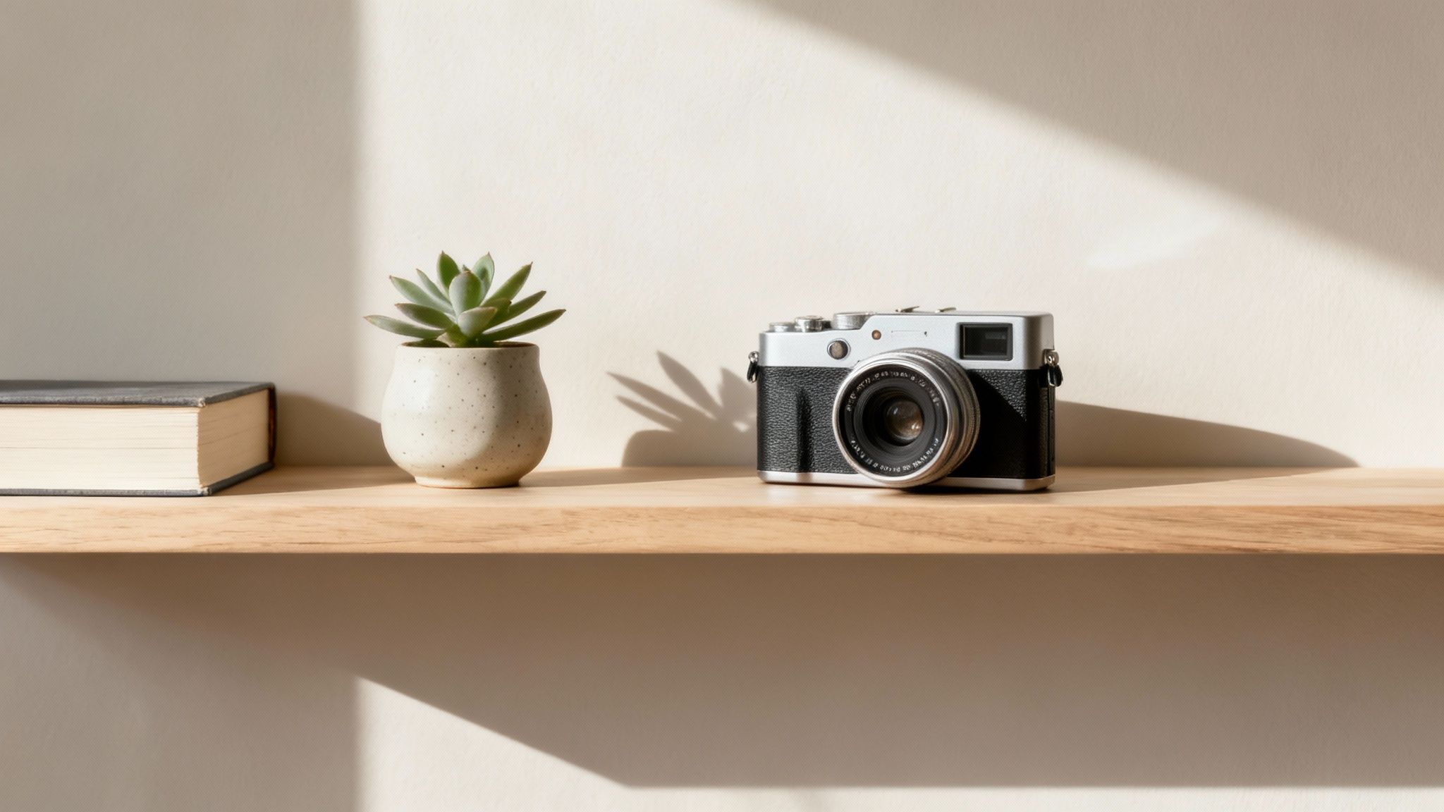 A wooden shelf displays a book, a small succulent, and a vintage silver and black digital camera with sunlight.