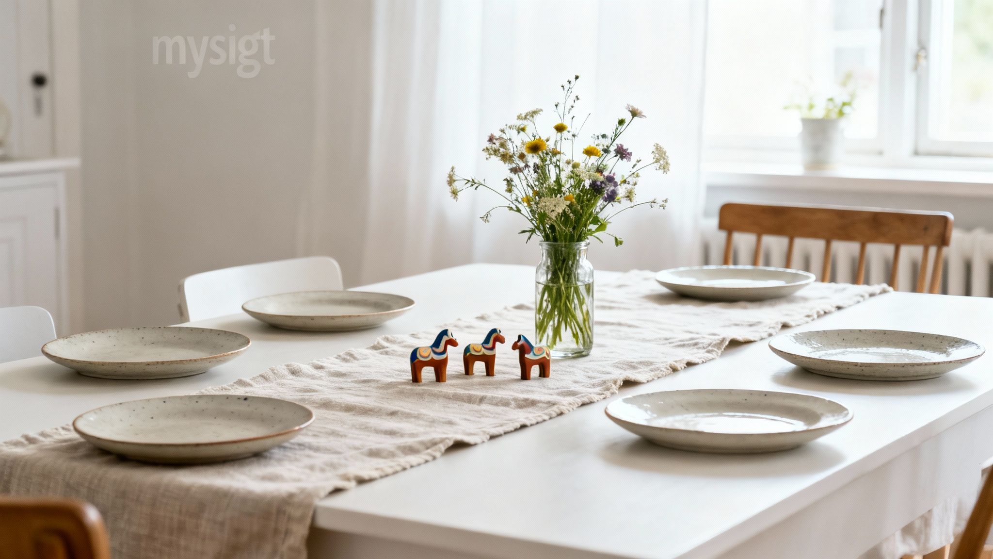 A bright dining table set with white plates, a linen runner, wildflowers, and three Dala horses.