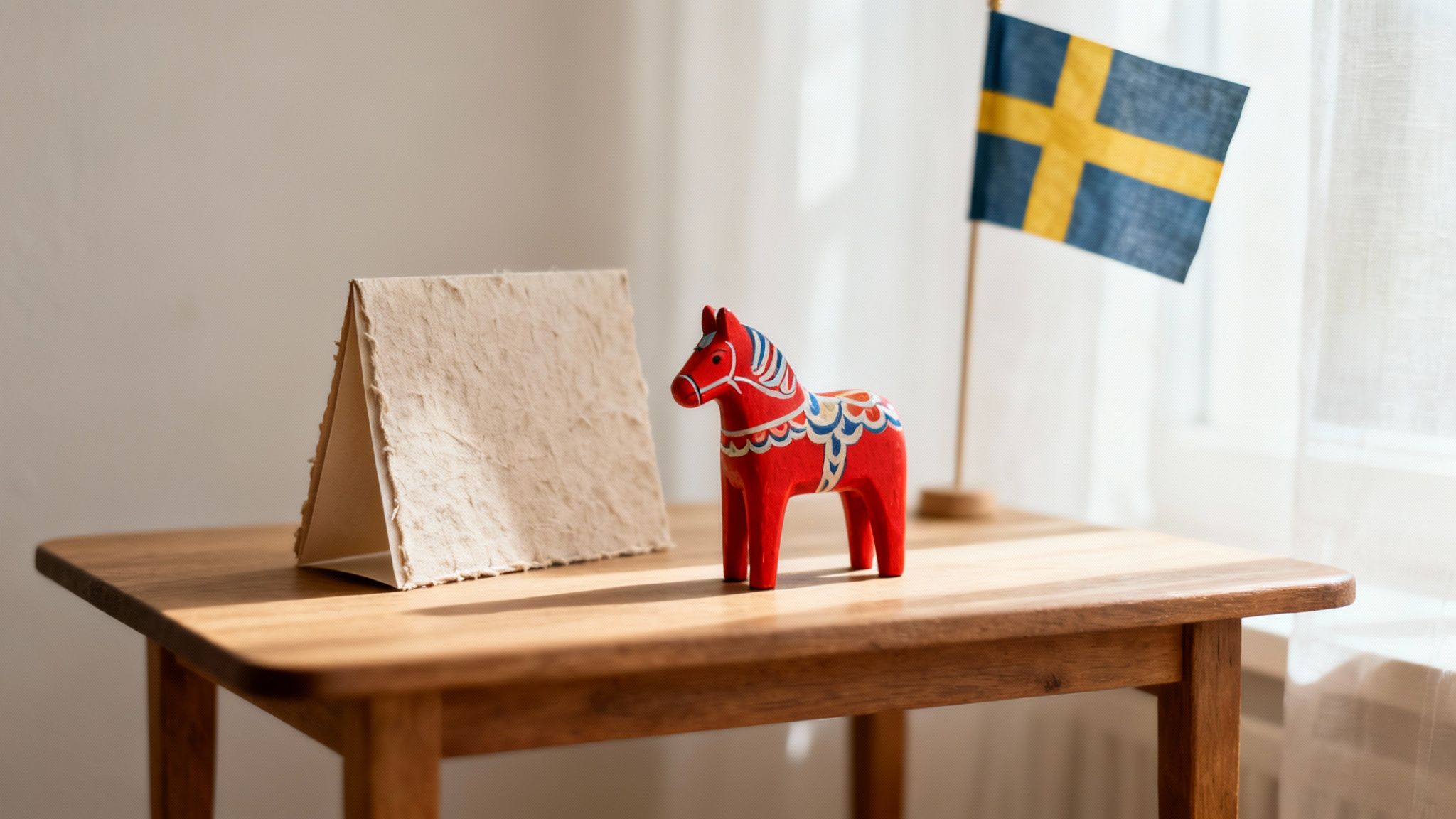 A wooden table displays a handmade paper stand, a red Dala horse, and a Swedish flag.