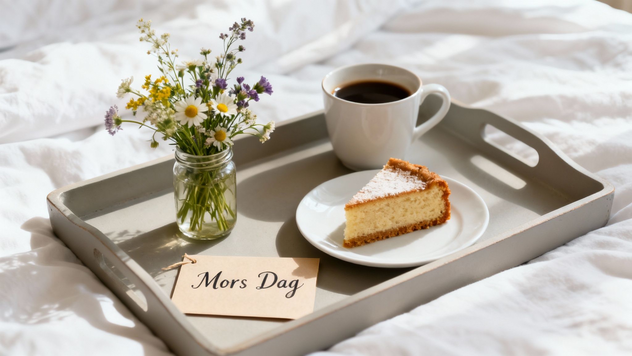 A breakfast in bed tray with coffee, cake, wildflowers, and a 'Mors Dag' card.