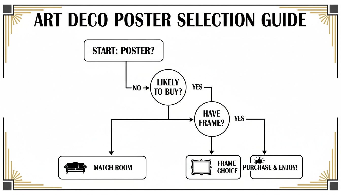 A flowchart guide for selecting Art Deco posters, covering buying decisions, framing, and room matching.