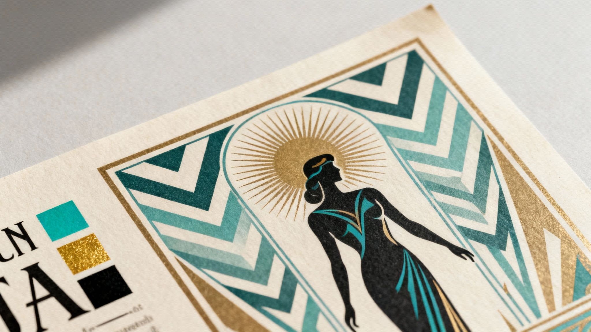 Close-up of Art Deco poster art featuring a female silhouette, sunburst, and geometric patterns in gold and teal.