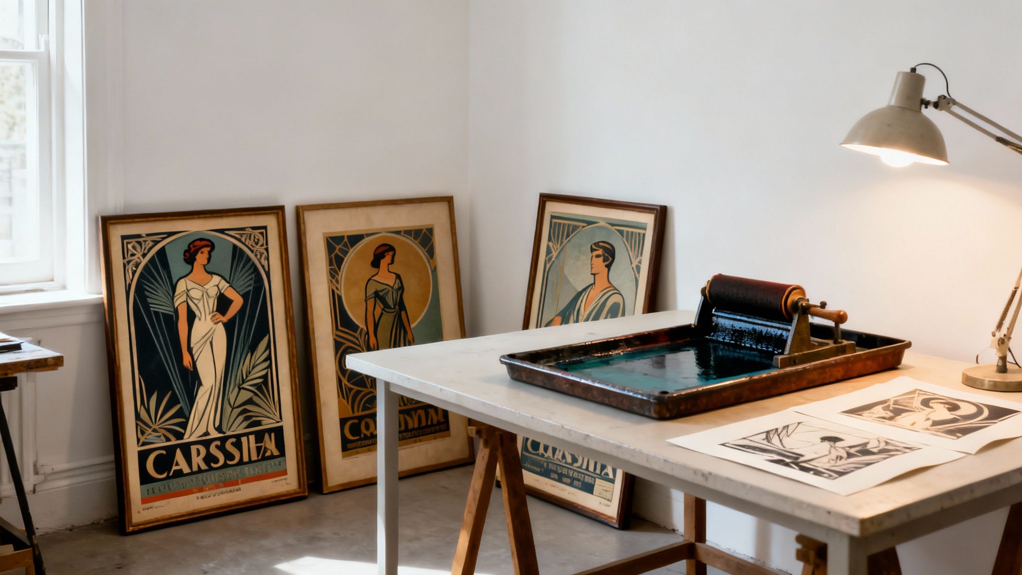 A bright art studio with framed Art Deco posters, printmaking equipment, and a desk lamp.