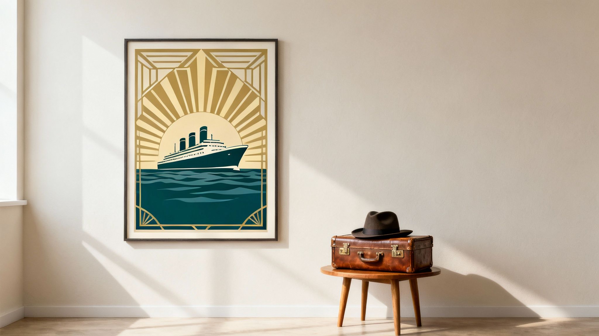 An Art Deco poster of a cruise ship at sea hangs on a wall next to a vintage suitcase and fedora.