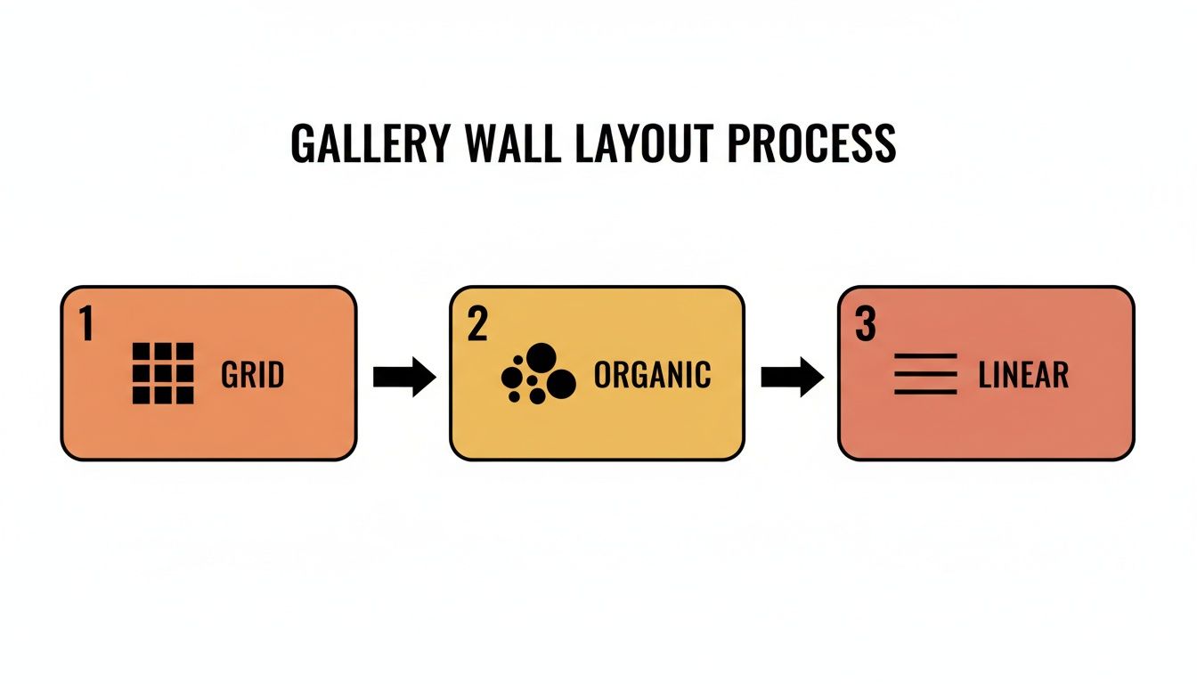 A diagram illustrates the gallery wall layout process with three steps: grid, organic, and linear.