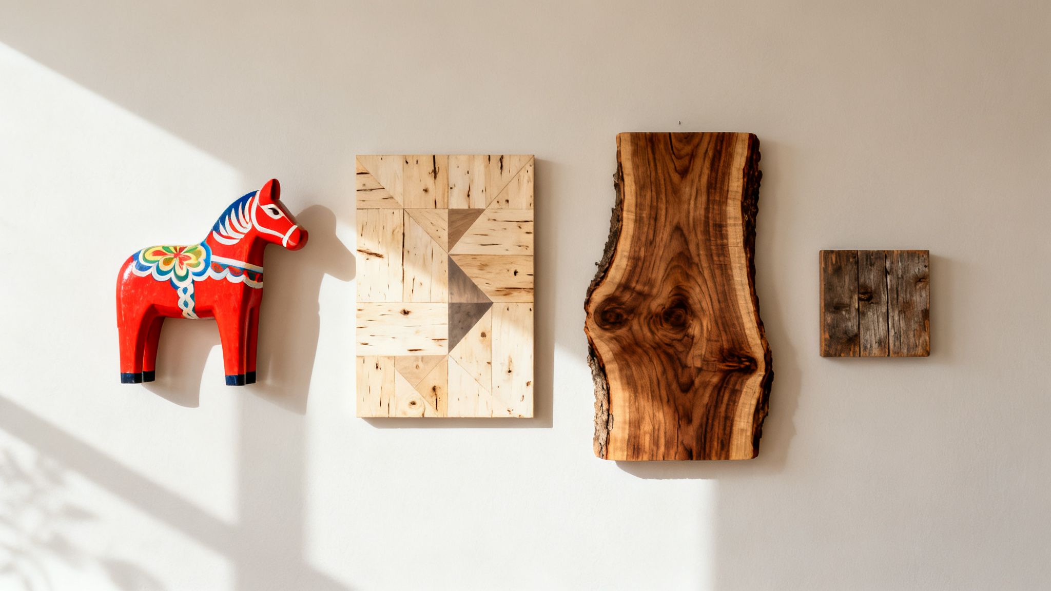 A Dala horse and three wooden art pieces adorn a light-colored wall with sunlight.