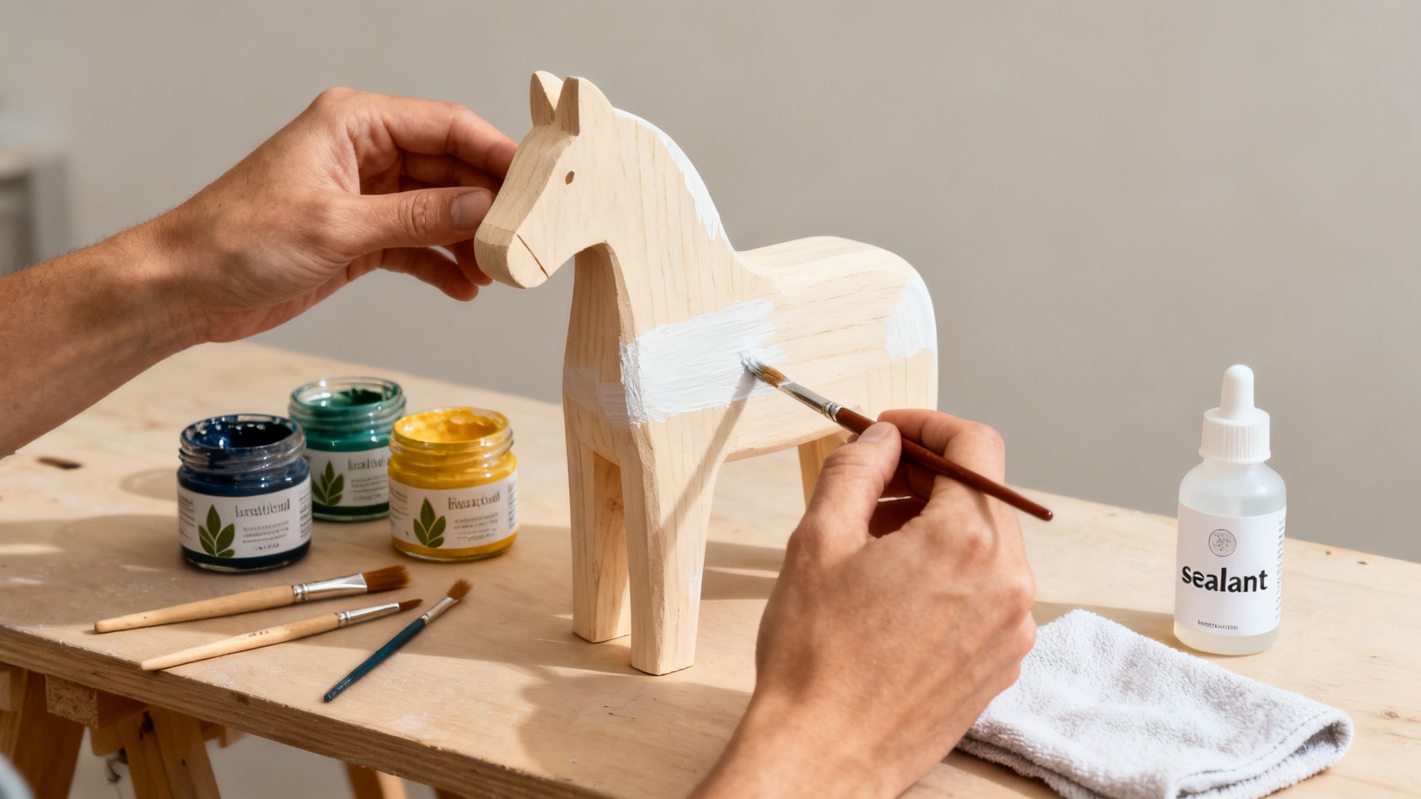 A person's hands painting a wooden horse figure white with a paintbrush on a workbench.