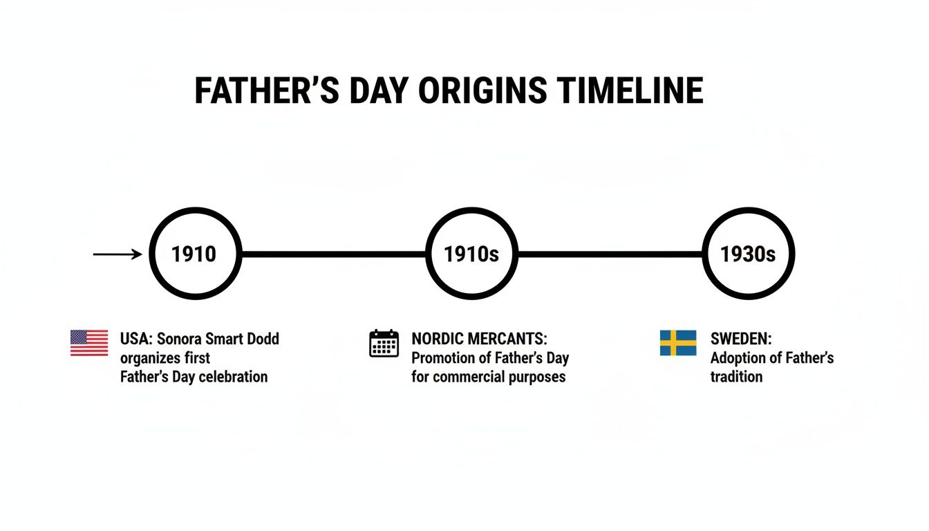 Timeline showing Father's Day origins: 1910 USA celebration, 1910s Nordic commercial promotion, and 1930s Sweden adoption.