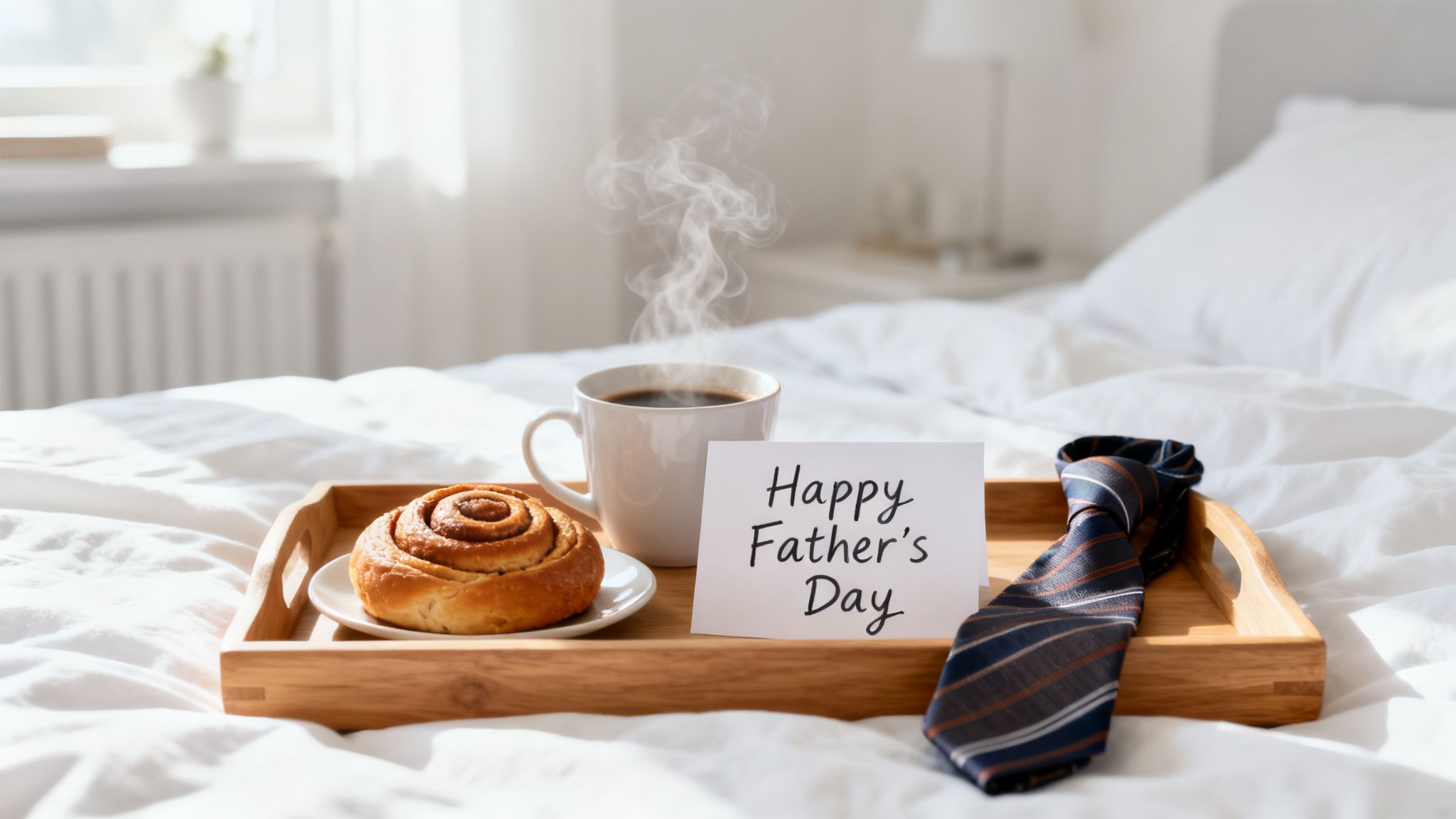 Steaming coffee, cinnamon roll, a 'Happy Father's Day' card, and a tie on a tray in bed.