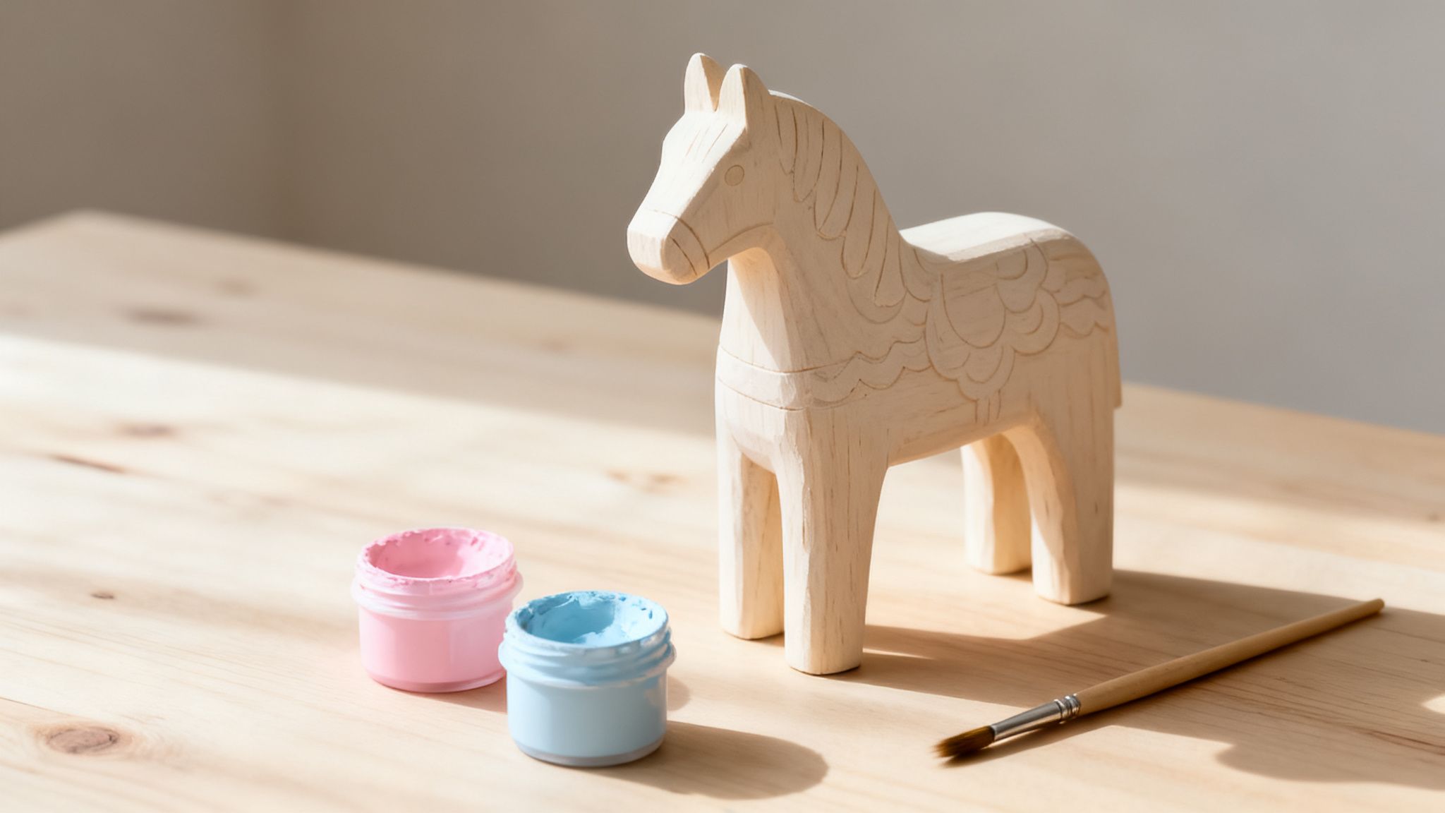 A wooden Dala horse stands on a light wooden table next to open pink and blue paints and a paintbrush.