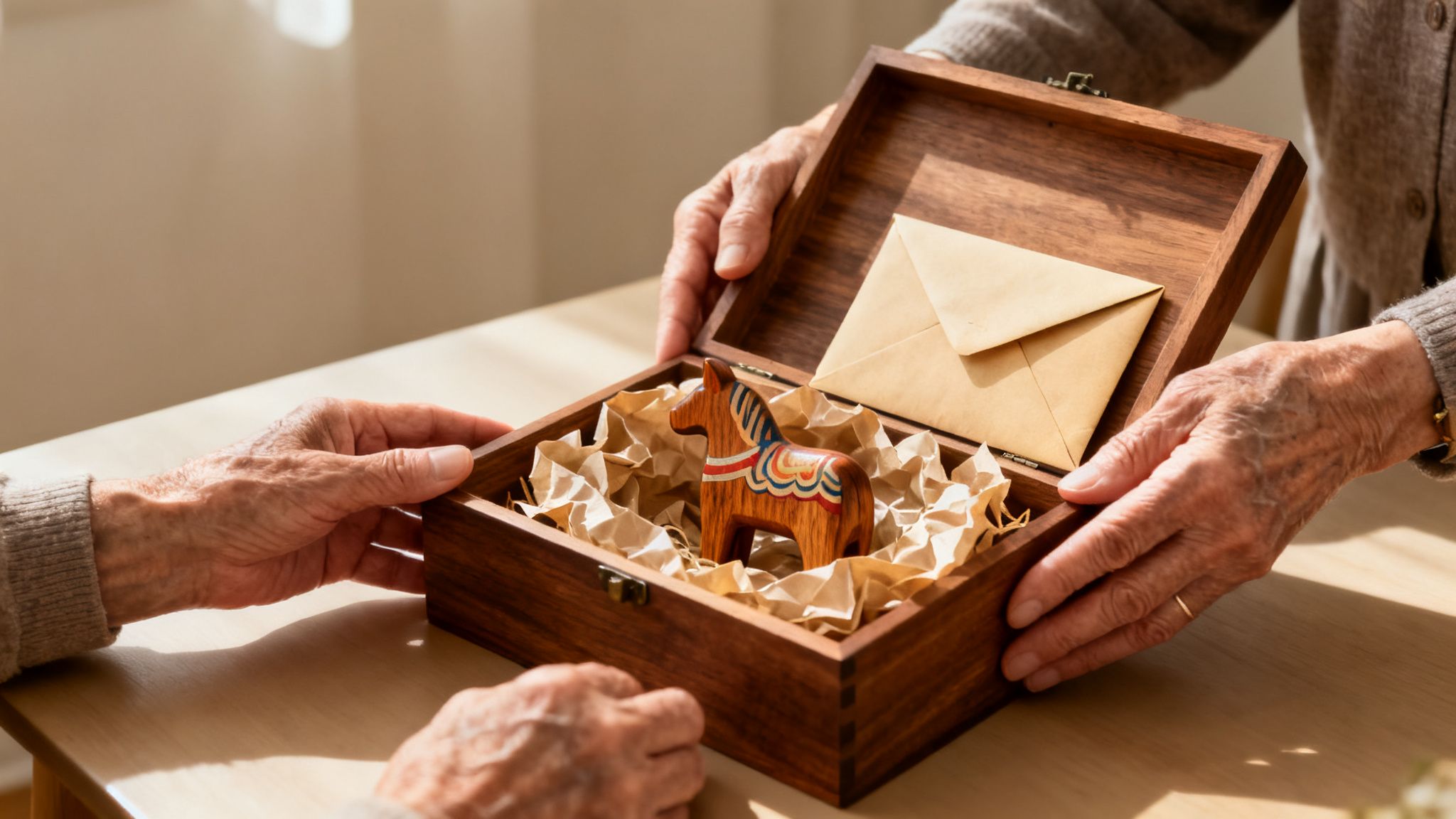 Elderly hands open a wooden gift box, revealing a colorful Dala horse figurine and an envelope inside.