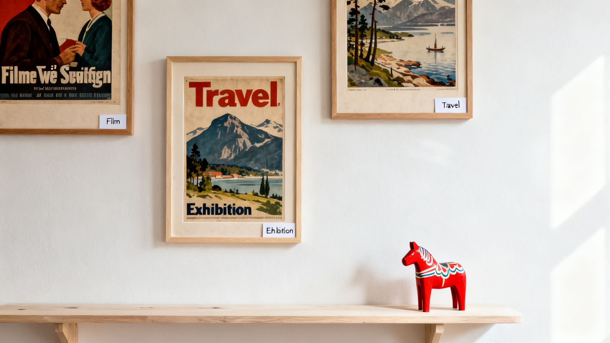 Three framed vintage posters on a white wall, with a red Dala horse on a wooden shelf.
