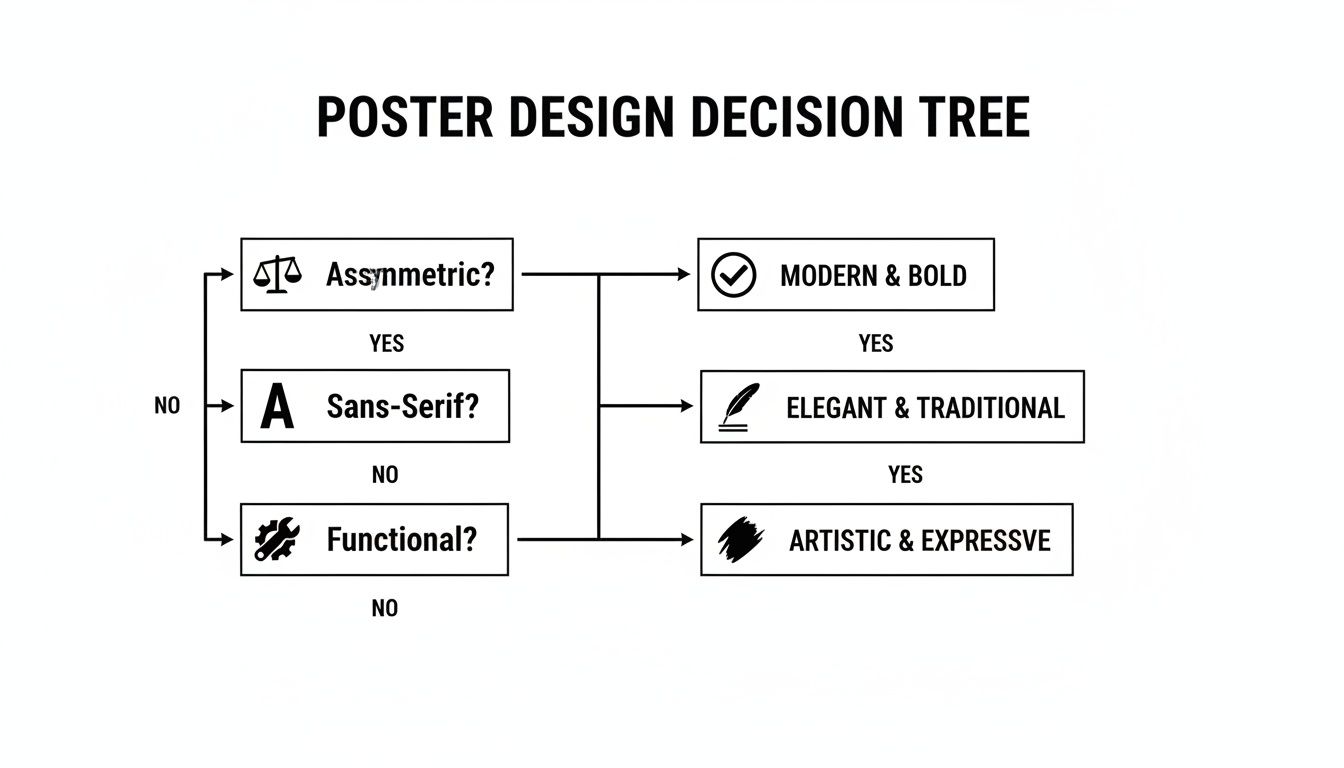 A poster design decision tree flowchart guiding choices based on asymmetry, sans-serif, and functionality.