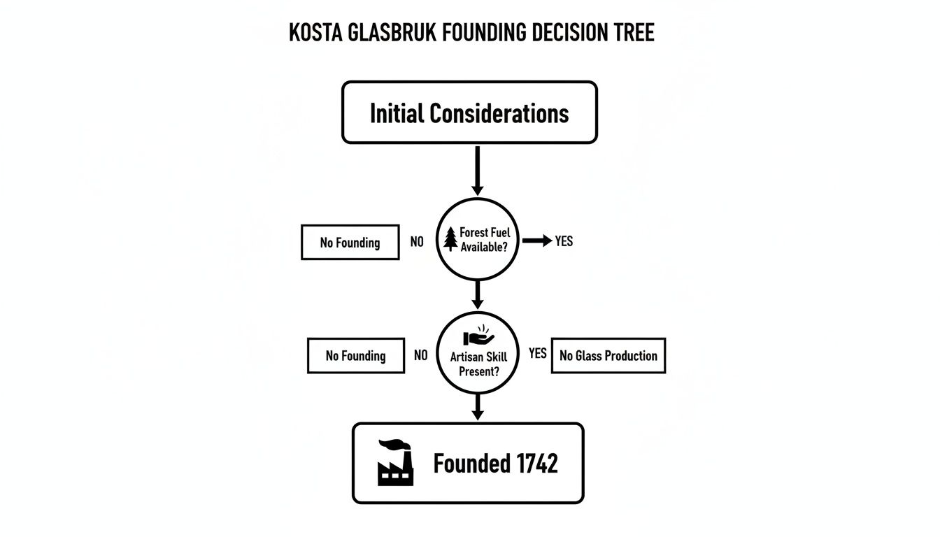 Decision tree showing Kosta Glasbruk's founding conditions: forest fuel availability and artisan skill presence, leading to its establishment in 1742.