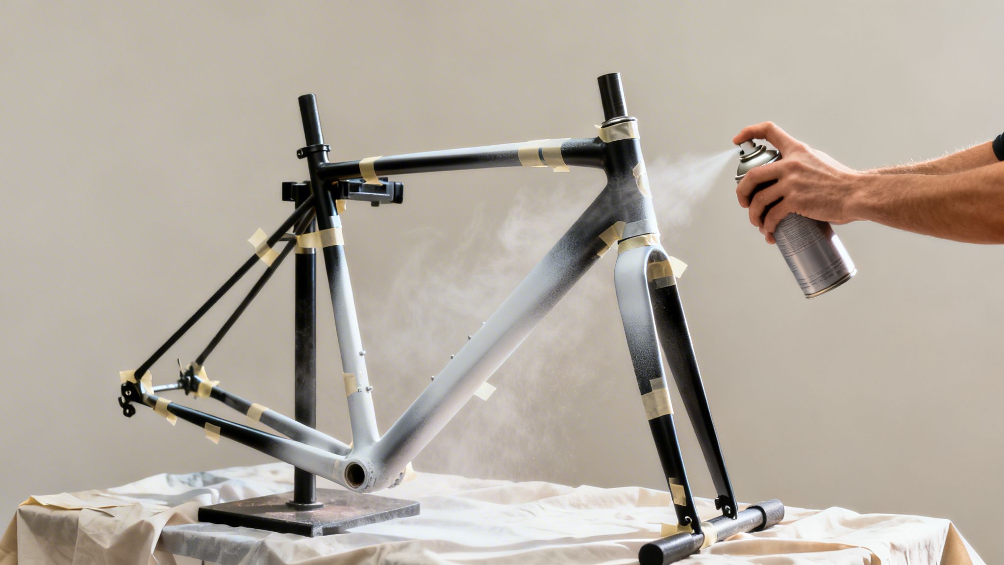A person's hands spray painting a black bicycle frame white, with masking tape applied.