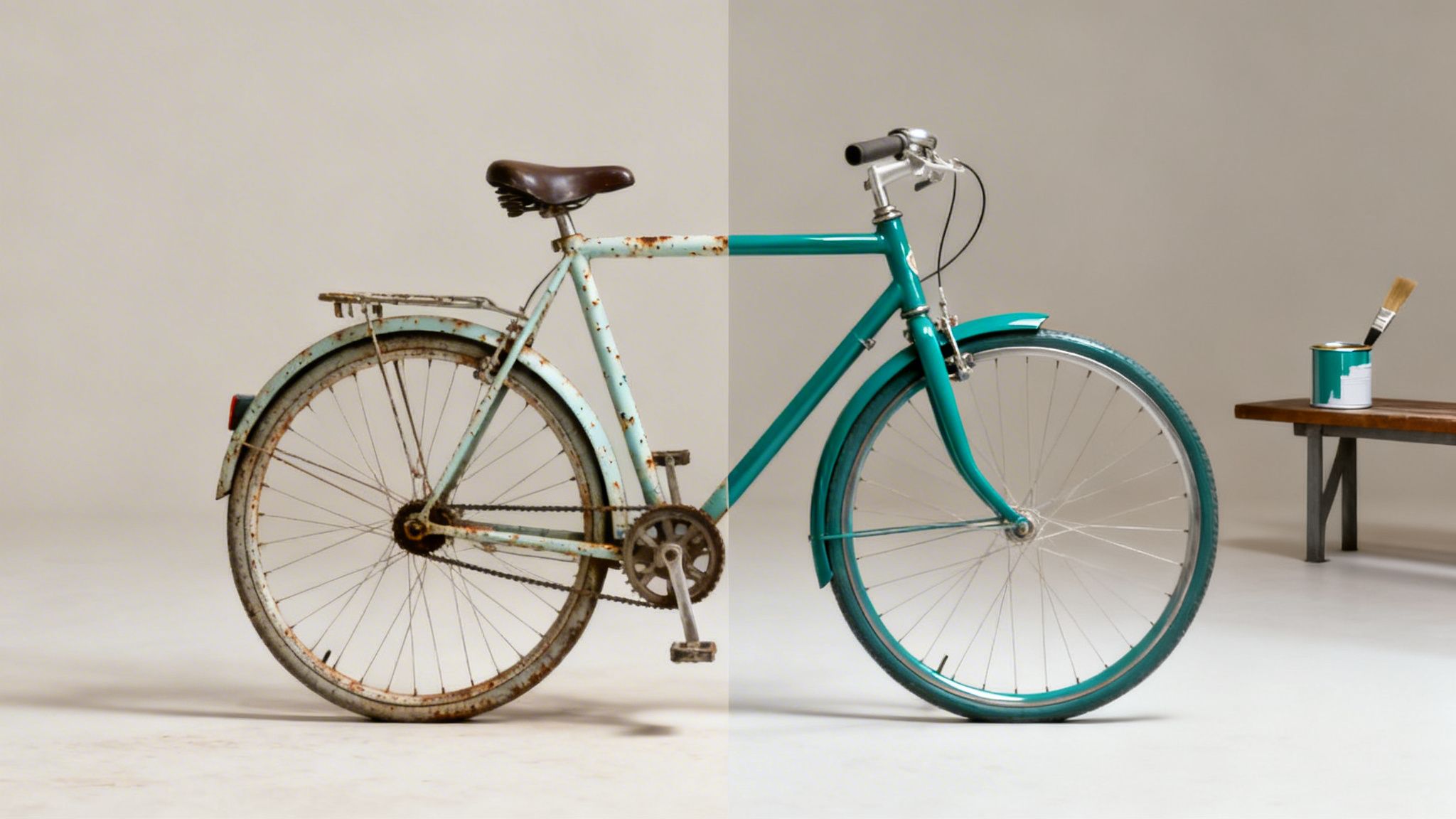 A before-and-after image of a bicycle, old and rusty versus newly painted teal.