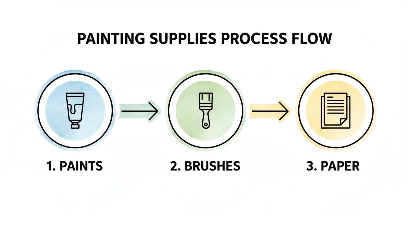 A process flow diagram illustrating painting supplies, including paints, brushes, and paper, connected by arrows.