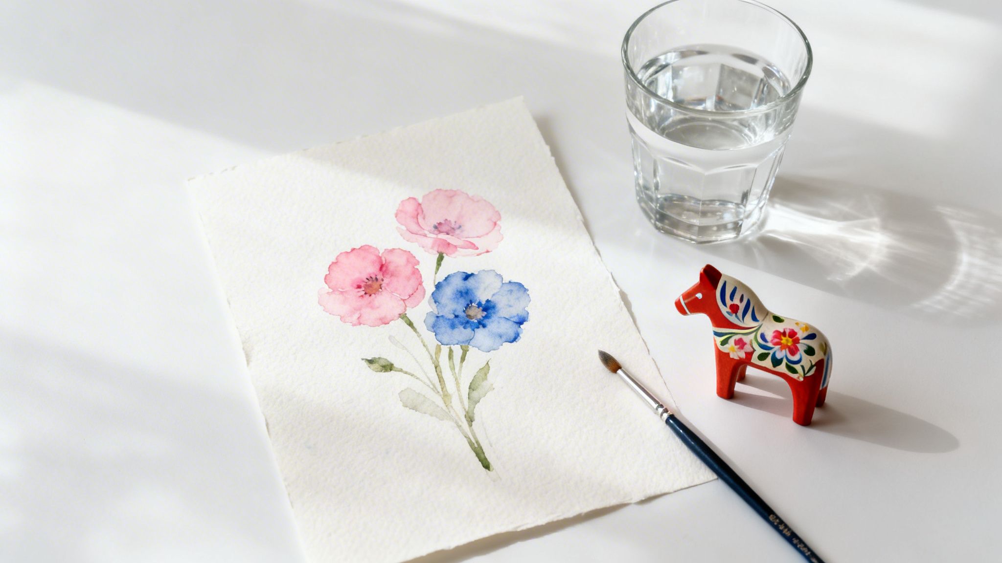 A watercolor painting of pink and blue flowers, a glass of water, a paintbrush, and a Dala horse.