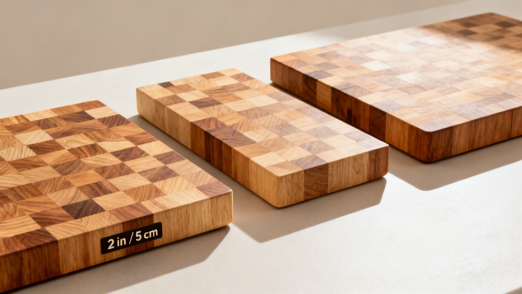Three wooden end-grain chopping boards of varying sizes, featuring a checkerboard pattern, on a light surface.