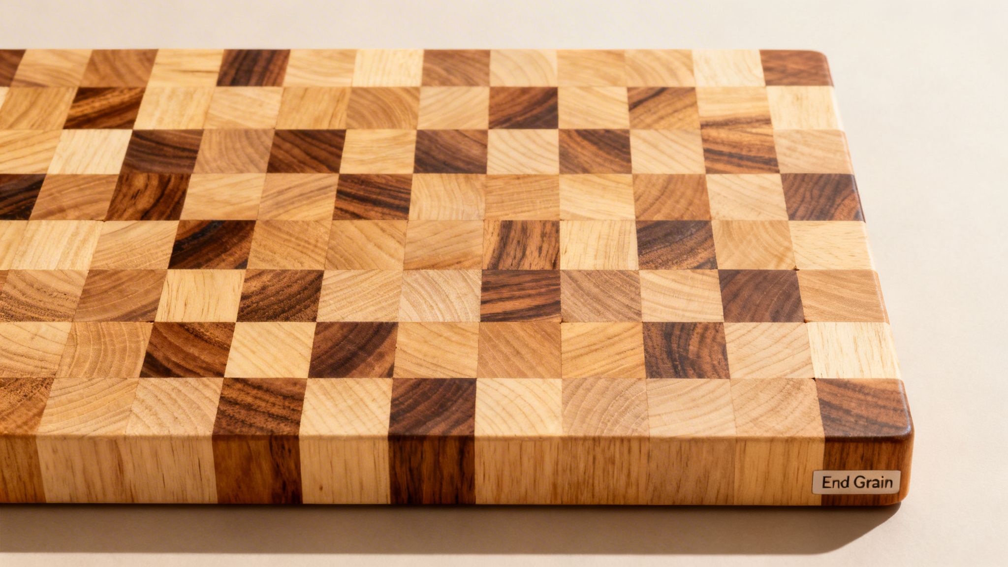 A close-up of a checkered end-grain cutting board made from light and dark wood.