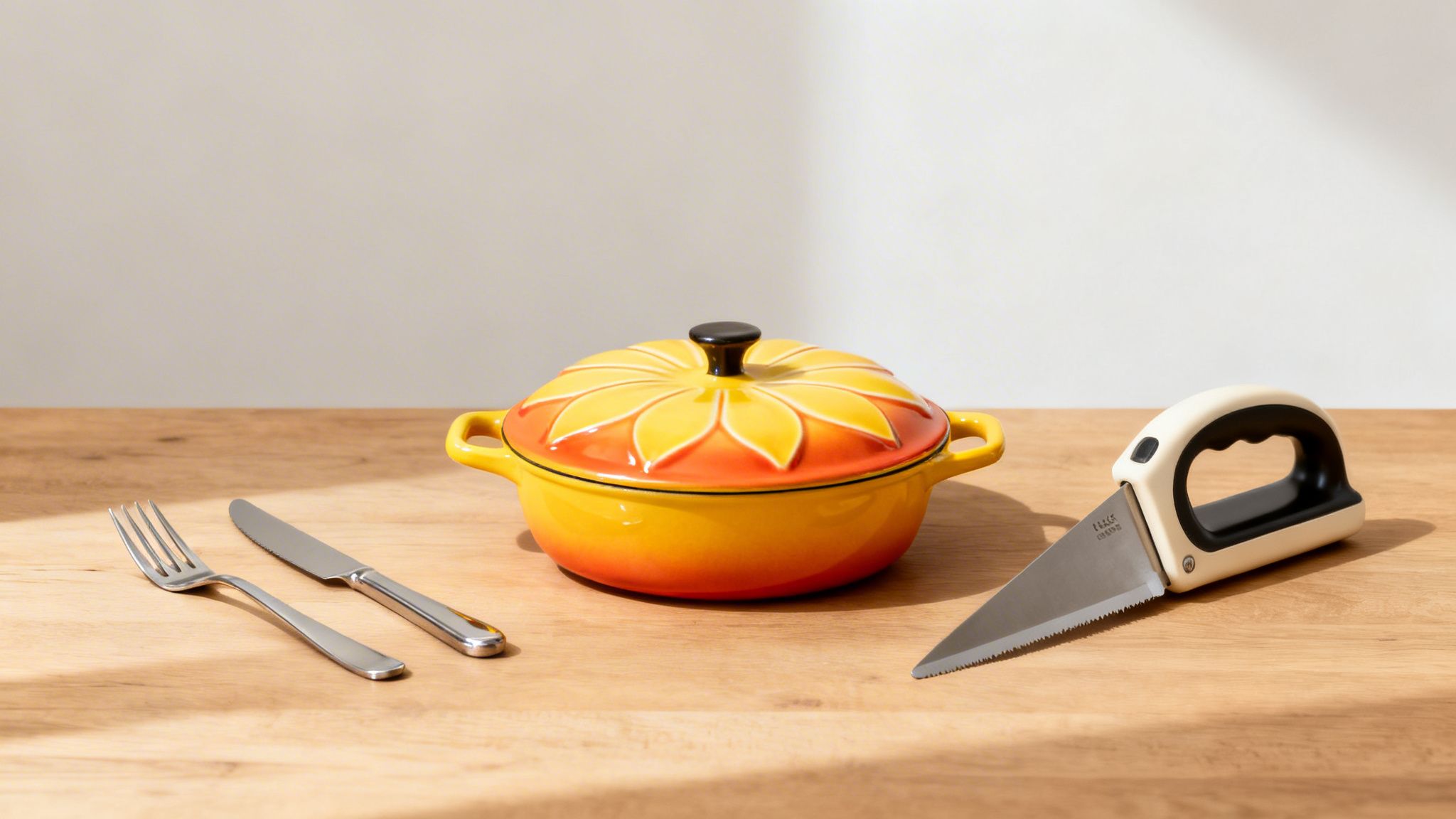 A cheerful sunflower-designed casserole dish, a fork, a knife, and a small saw on a sunlit wooden table.