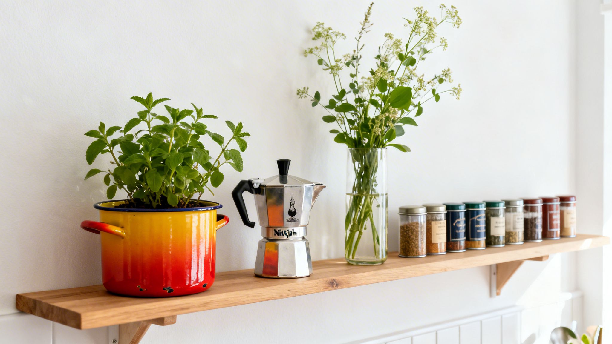 A kitchen shelf displaying a vibrant mint plant, a silver moka pot, a vase of fresh flowers, and various spice jars.