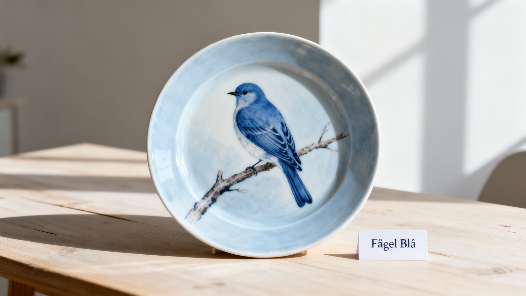 A light blue decorative plate with a painted blue bird on a branch, displayed on a wooden table.