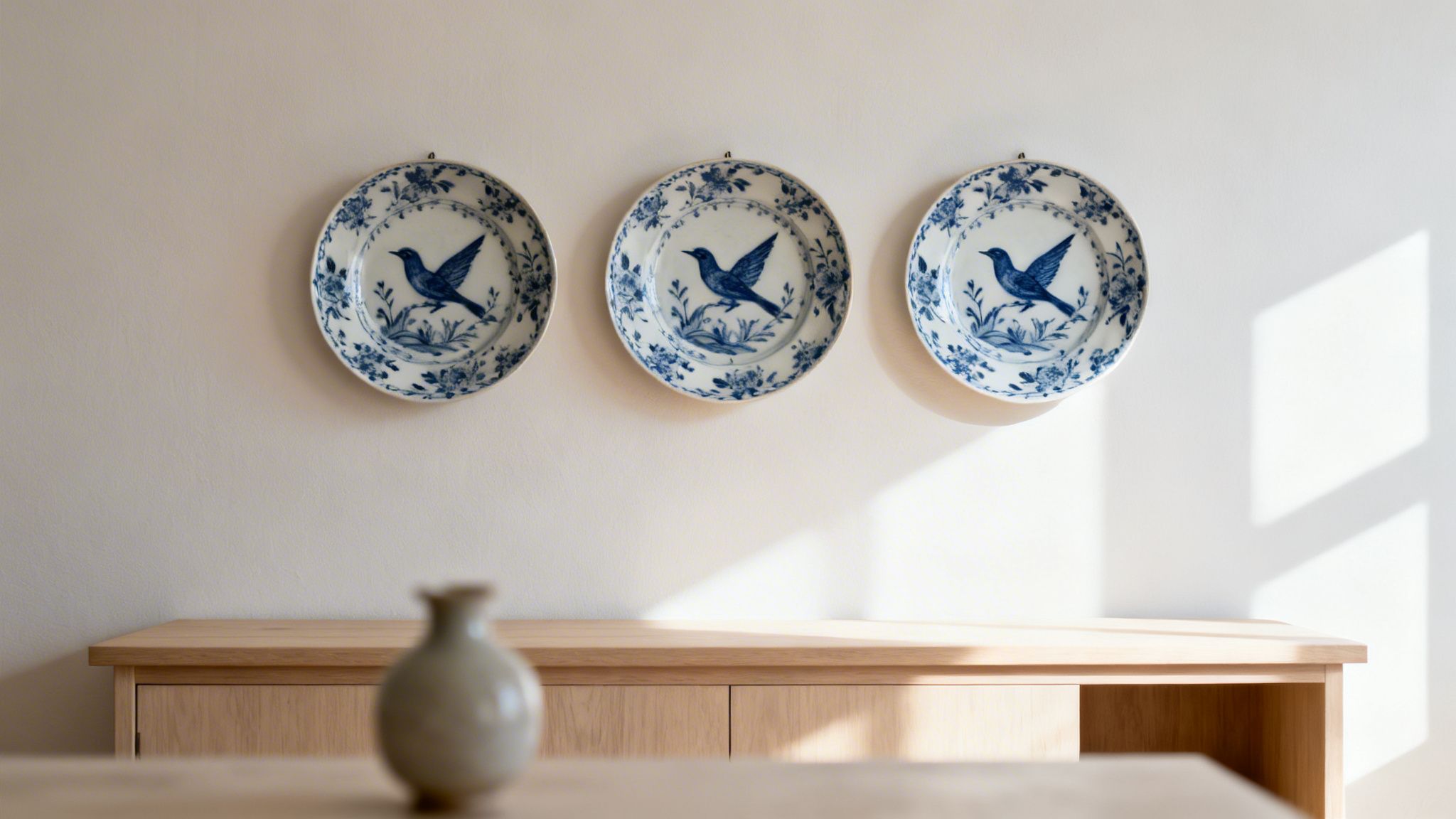 Three decorative white plates with blue bird designs hanging on a wall above a wooden table.