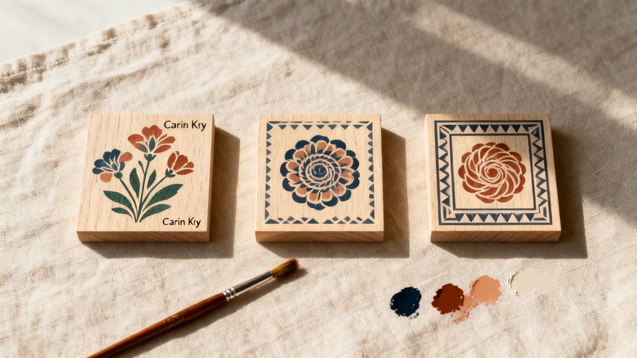 Three wooden blocks by Carin Kry with stenciled folk art designs, a paintbrush, and paint swatches on fabric.
