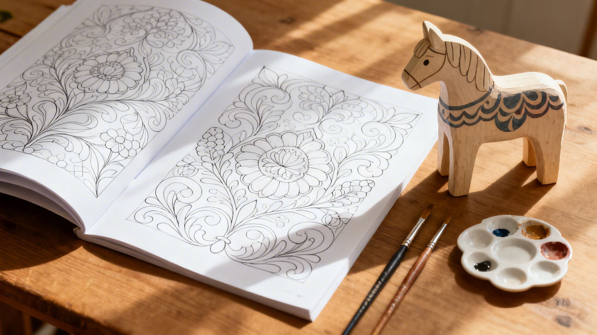 An open adult coloring book with floral patterns, paintbrushes, palette, and a wooden Dala horse on a sunlit table.