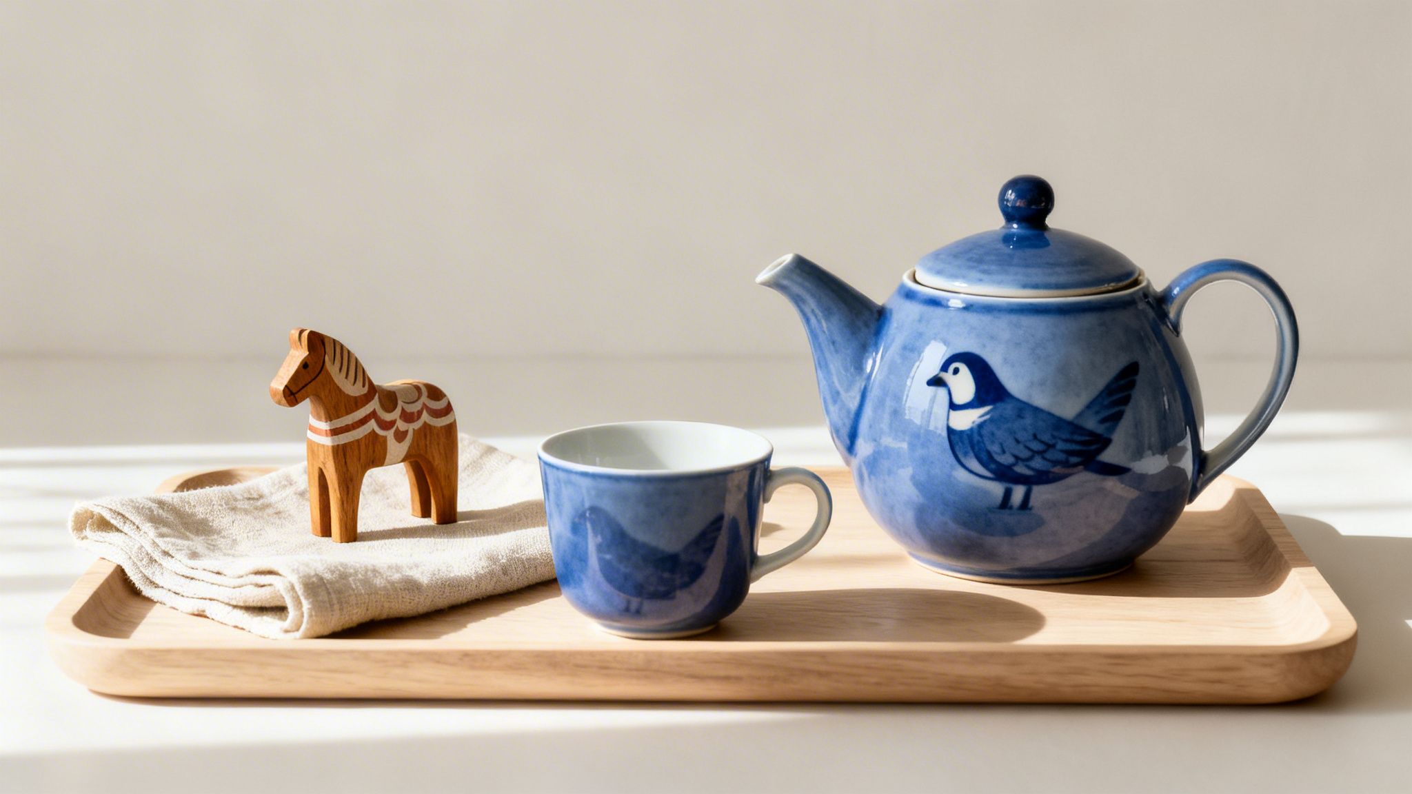 A blue teapot and matching cup with bird designs, a Dala horse, and linen napkin on a wooden tray.