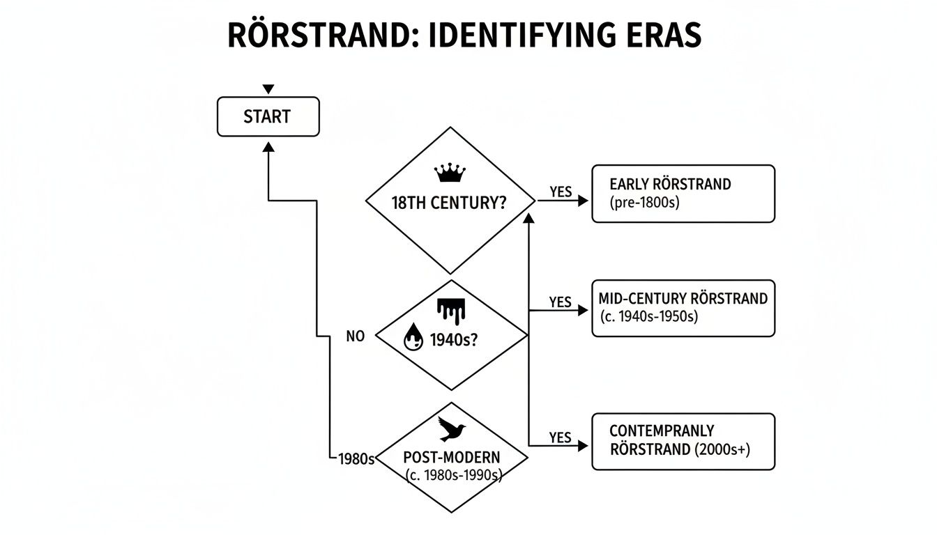 Flowchart for identifying Rörstrand porcelain eras, from 18th century to contemporary.