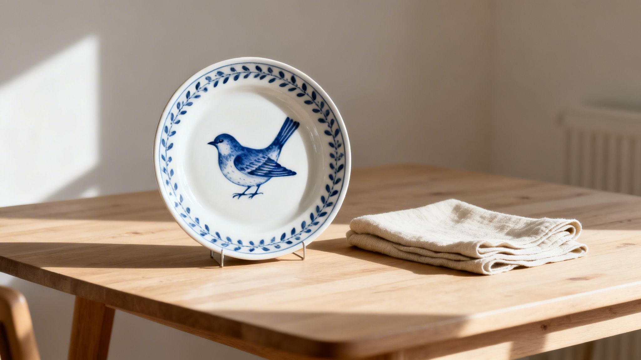 A white plate with a blue bird and leaf design on a wooden table, next to a folded beige cloth.