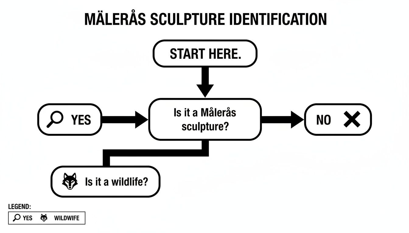 Flowchart for Målerås sculpture identification, guiding users to check for wildlife themes.