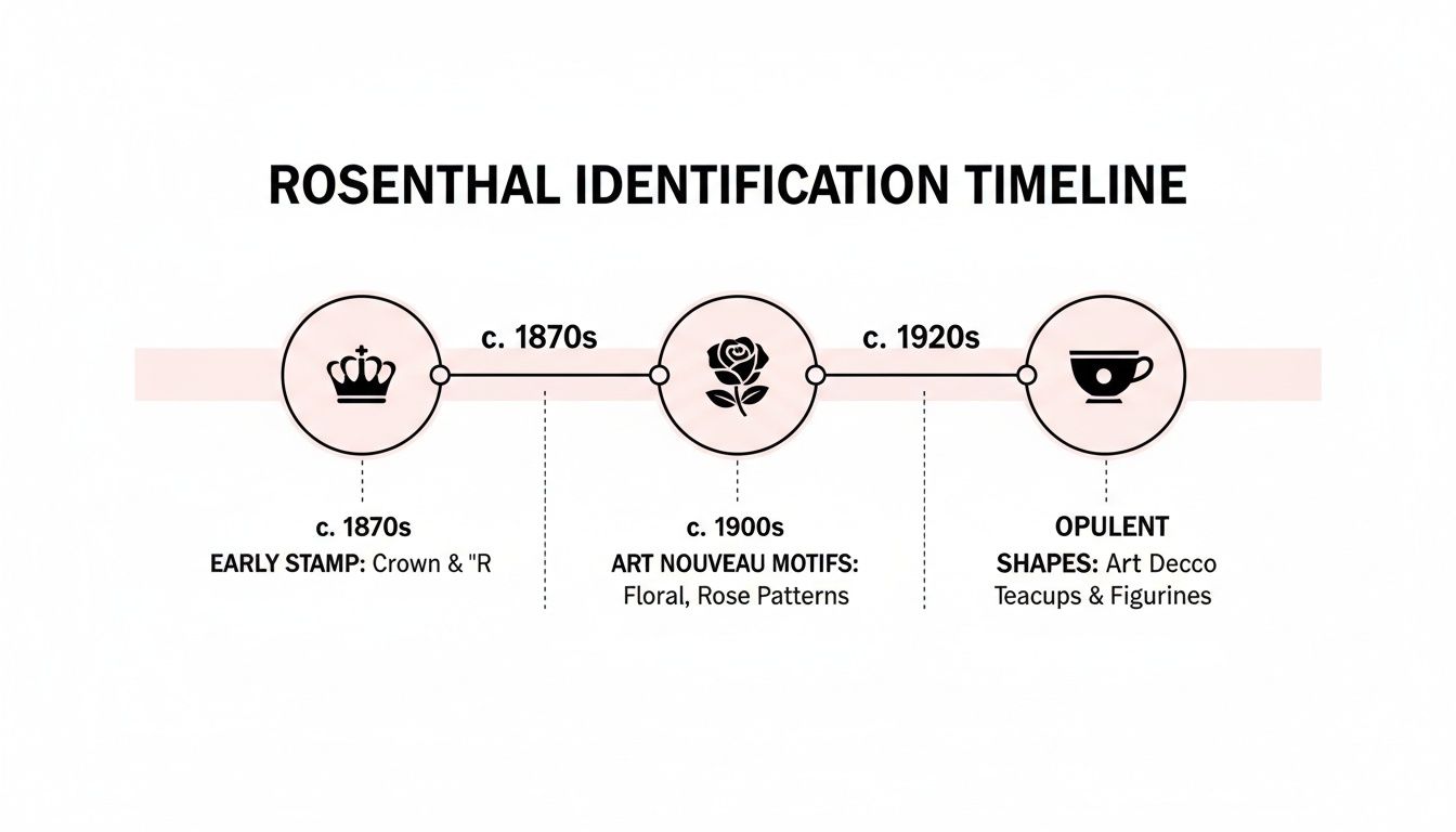 Rosenthal identification timeline showing marks from 1870s (crown), 1900s (rose), and 1920s (teacup).