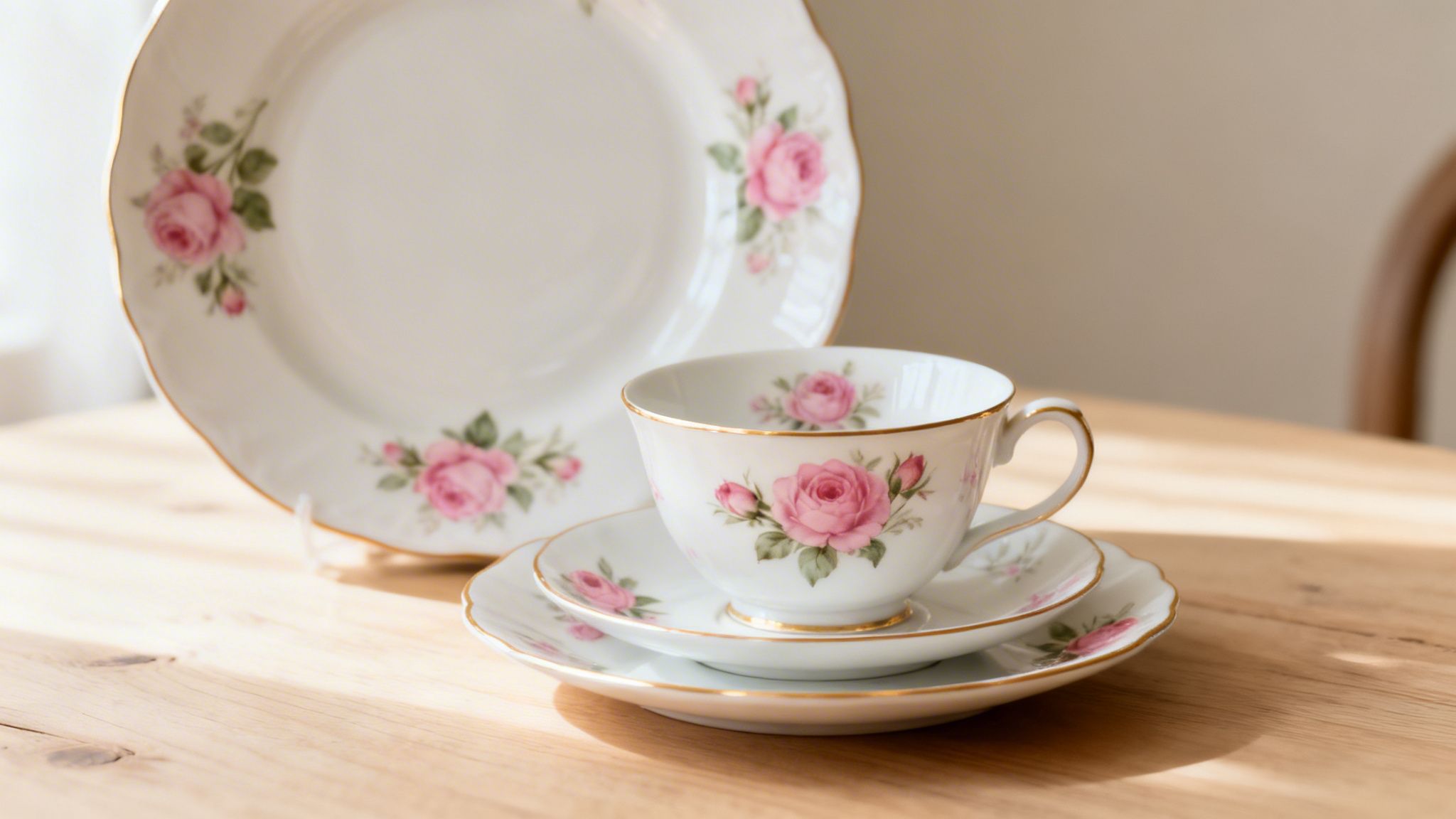 A beautiful white vintage porcelain tea set with pink roses and gold trim on a wooden table.