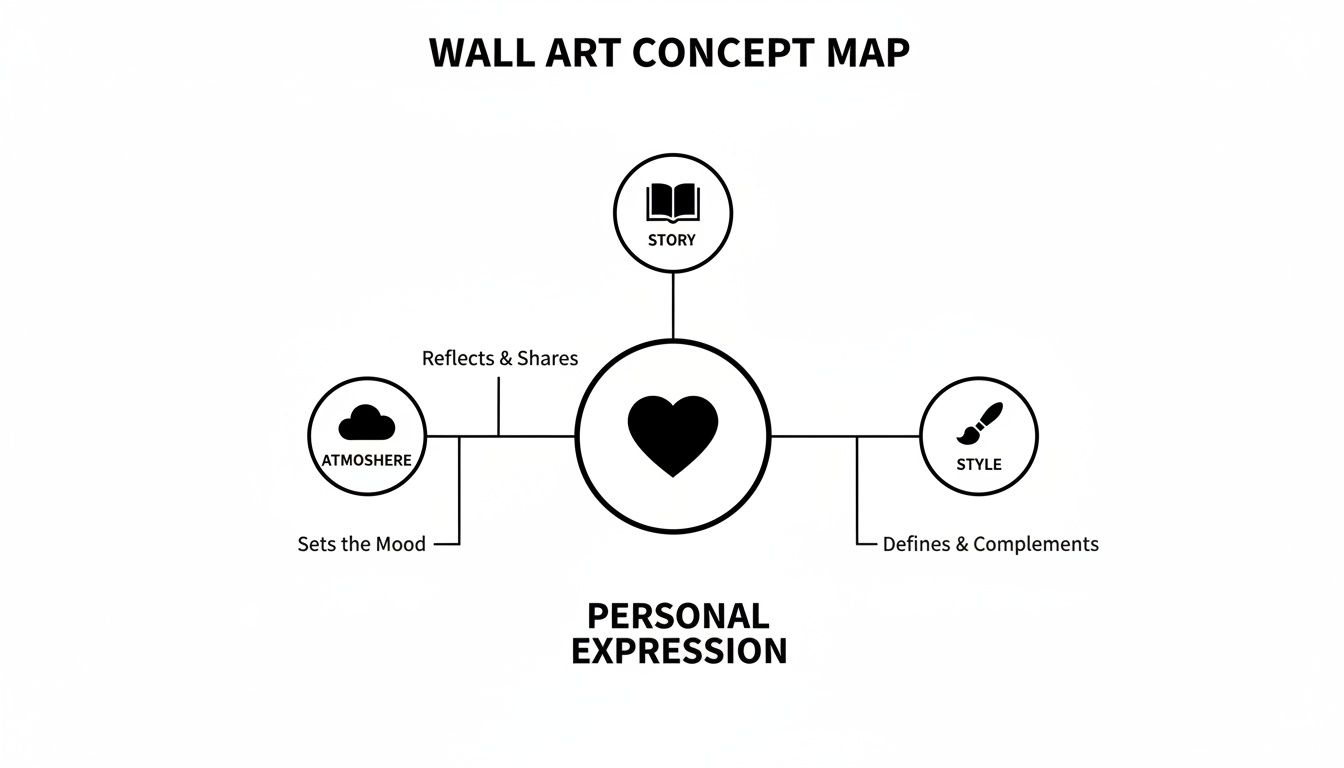 A wall art concept map showing personal expression linked to atmosphere, story, and style.