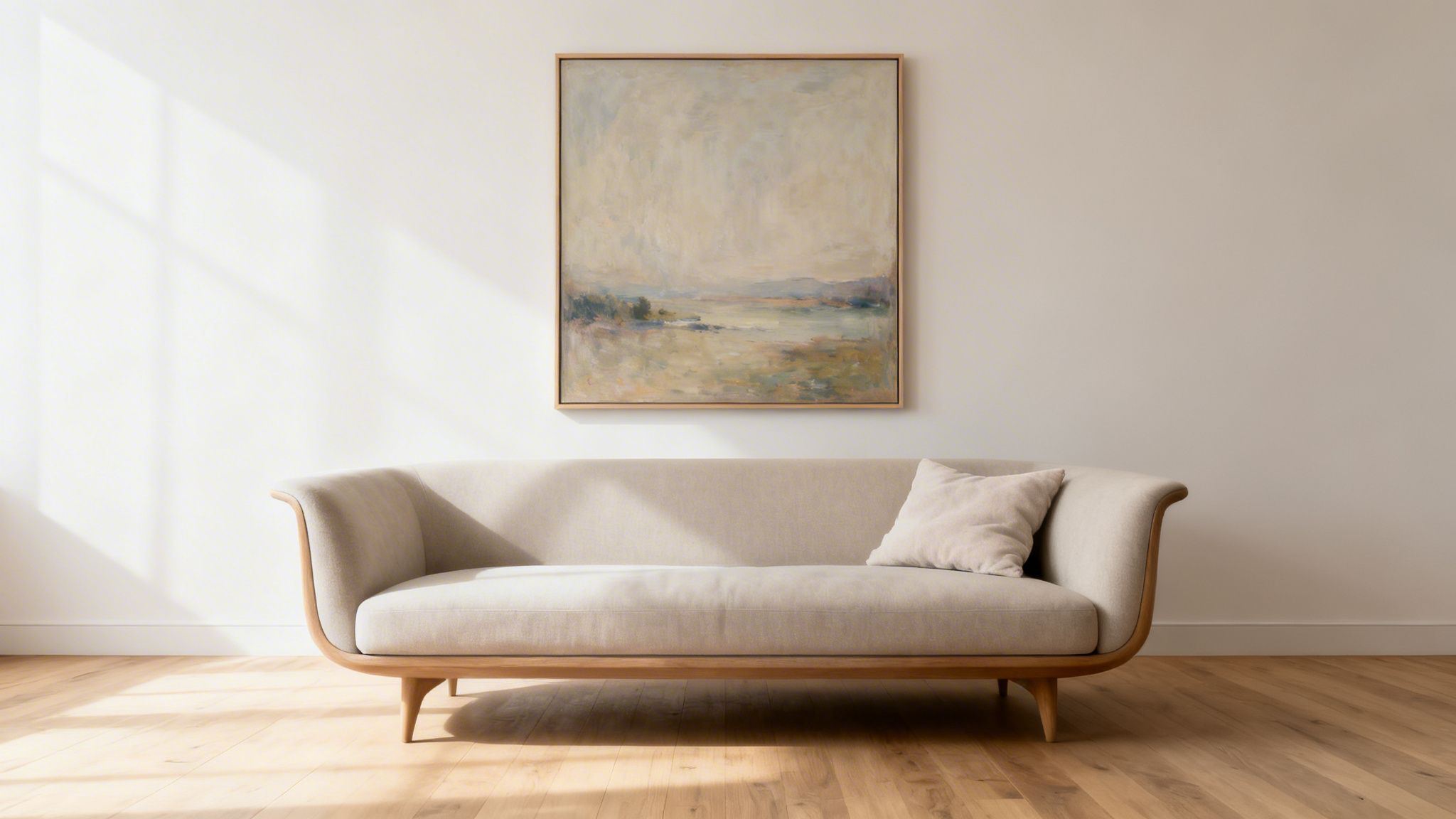 A modern living room with a beige sofa, an abstract landscape painting, and natural light.
